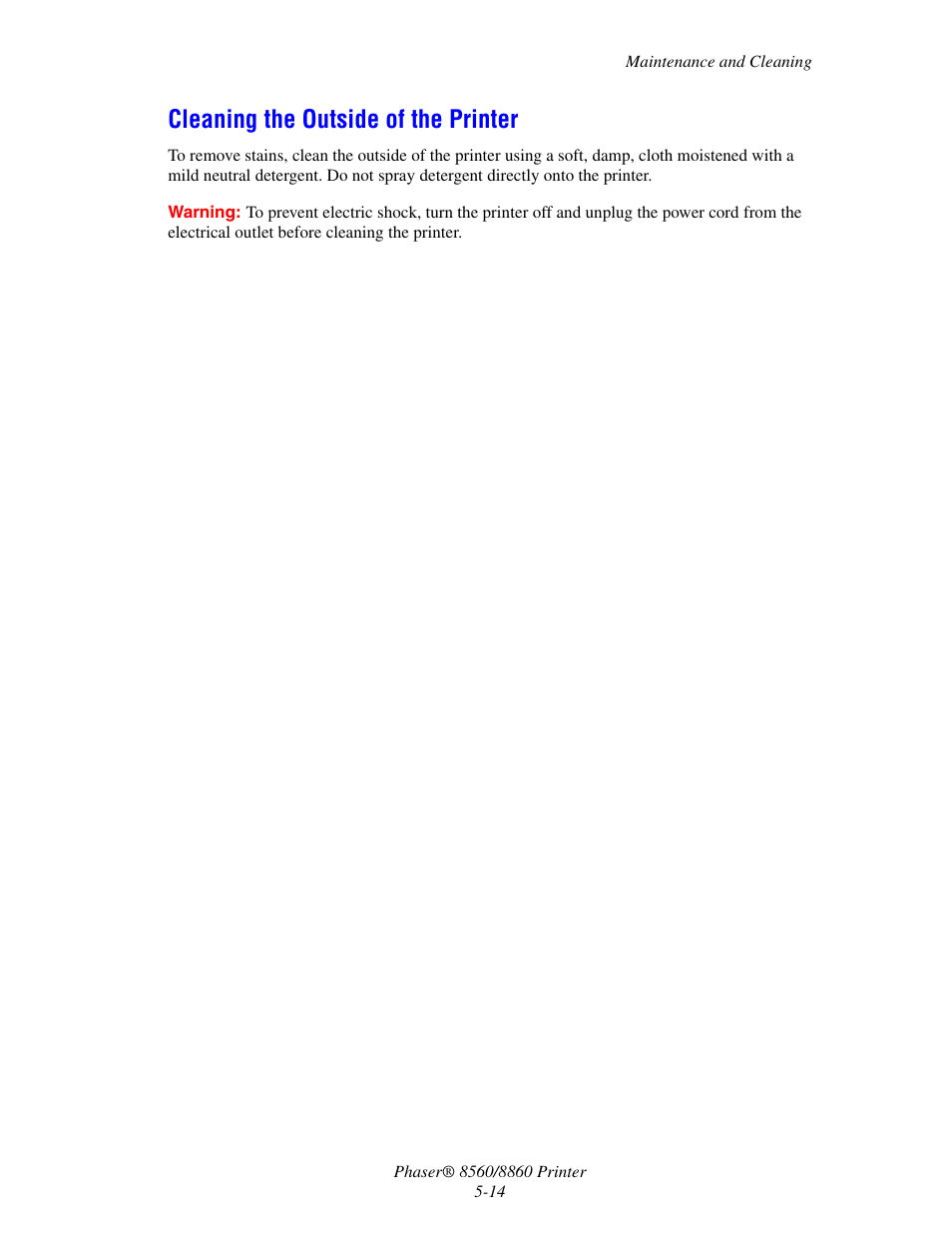 Cleaning the outside of the printer, Cleaning the outside of the printer -14 | Xerox 8560 User Manual | Page 122 / 167