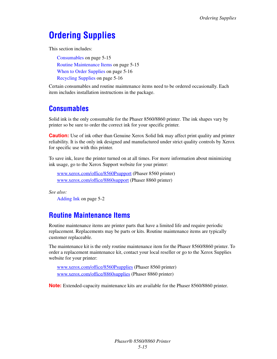 Ordering supplies, Consumables, Routine maintenance items | Ordering supplies -15, Consumables -15 routine maintenance items -15 | Xerox 8560 User Manual | Page 123 / 167