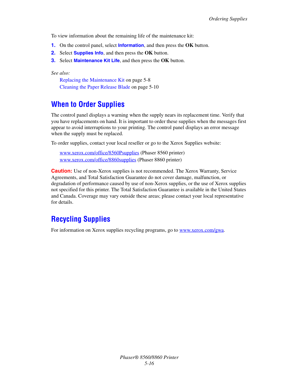 When to order supplies, Recycling supplies, When to order supplies -16 recycling supplies -16 | Xerox 8560 User Manual | Page 124 / 167