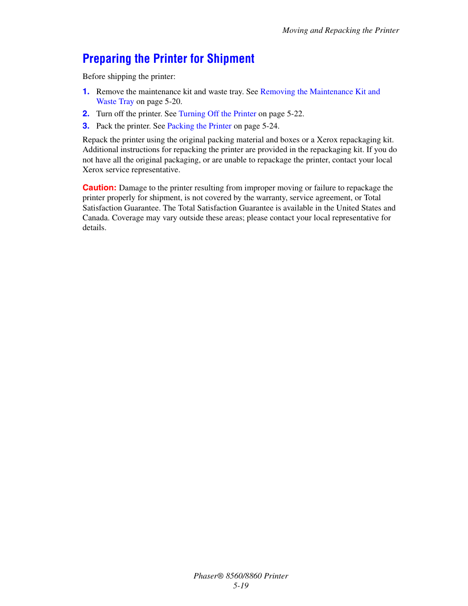 Preparing the printer for shipment, Preparing the printer for shipment -19 | Xerox 8560 User Manual | Page 127 / 167