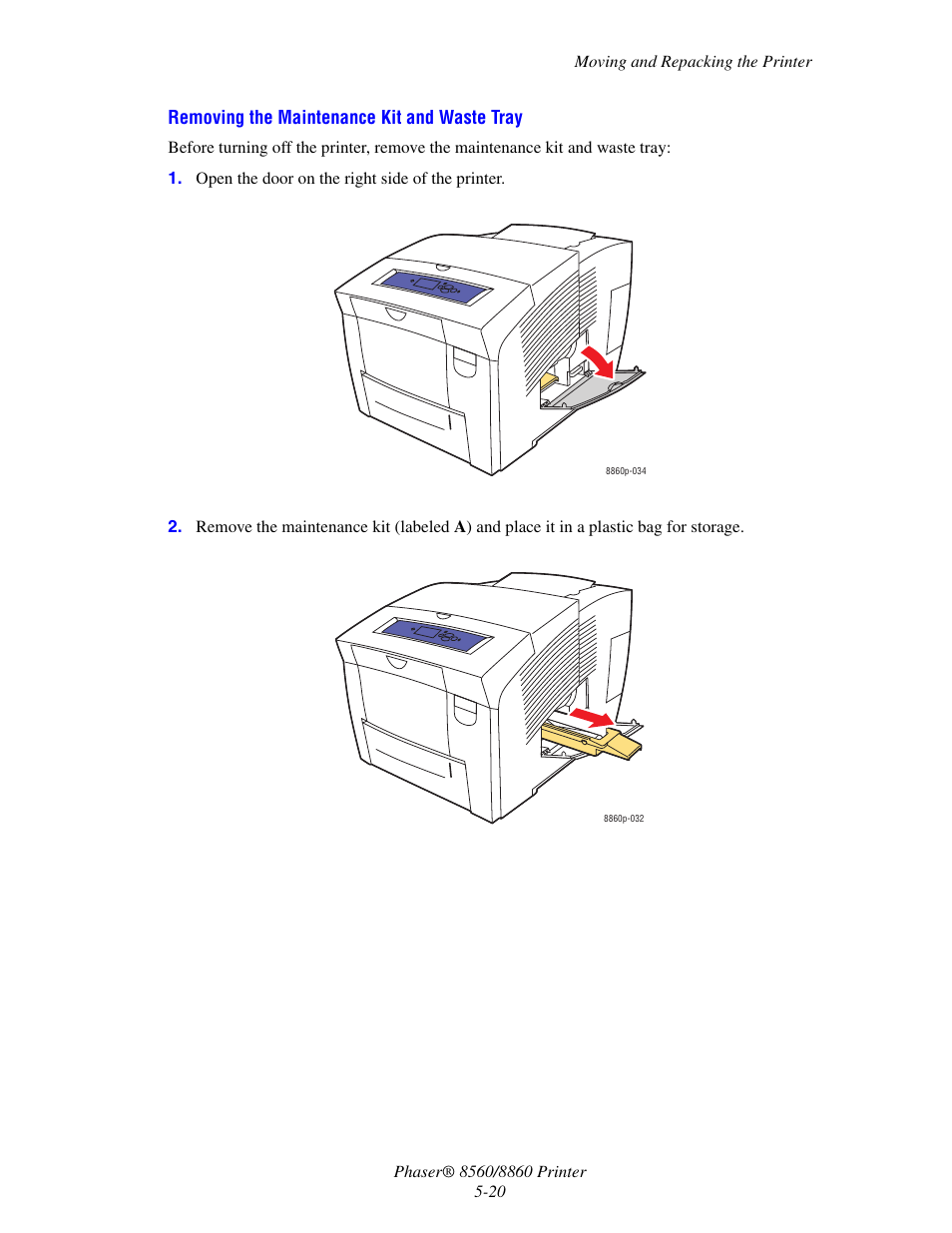 Removing the maintenance kit and, Waste tray | Xerox 8560 User Manual | Page 128 / 167