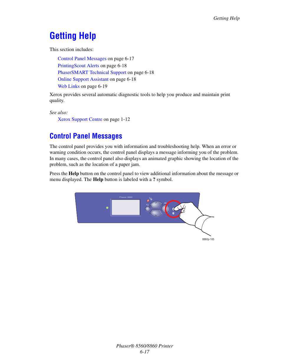Getting help, Control panel messages, Getting help -17 | Control panel messages -17 | Xerox 8560 User Manual | Page 149 / 167