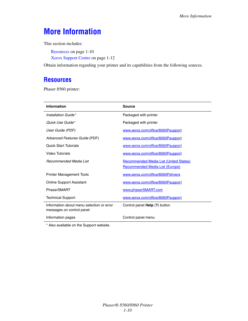 More information, Resources, More information -10 | Resources -10 | Xerox 8560 User Manual | Page 15 / 167