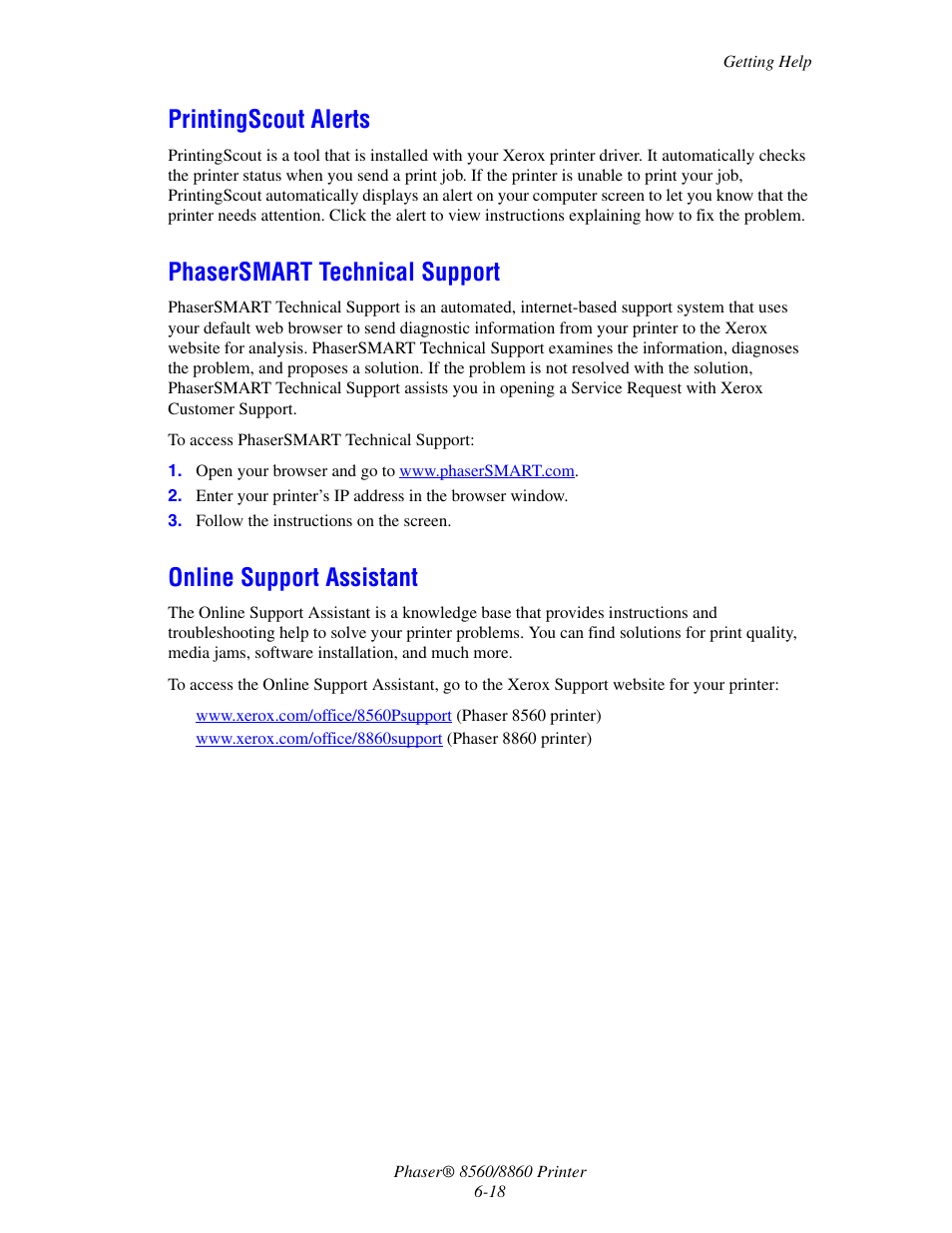 Printingscout alerts, Phasersmart technical support, Online support assistant | Xerox 8560 User Manual | Page 150 / 167