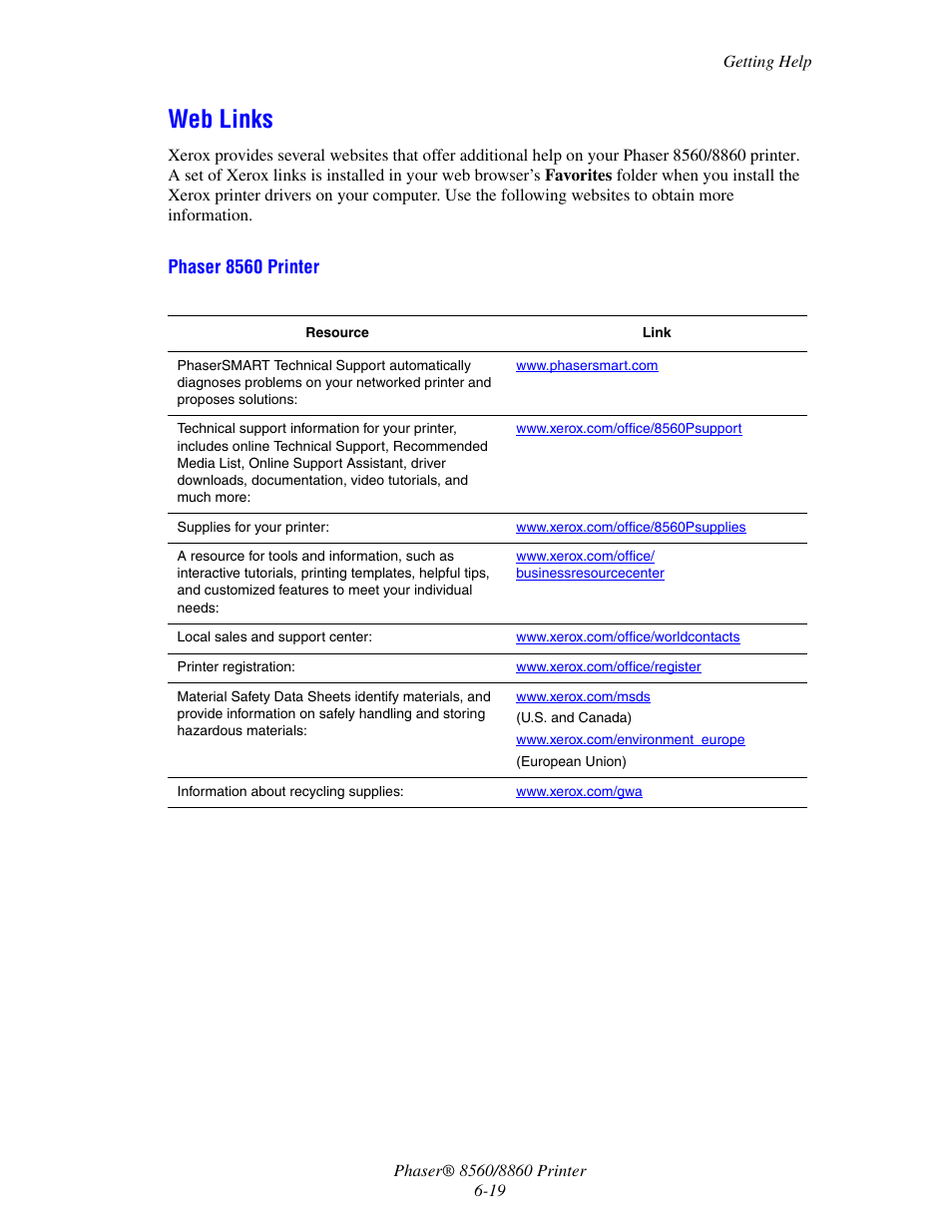 Web links, Web links -19 | Xerox 8560 User Manual | Page 151 / 167