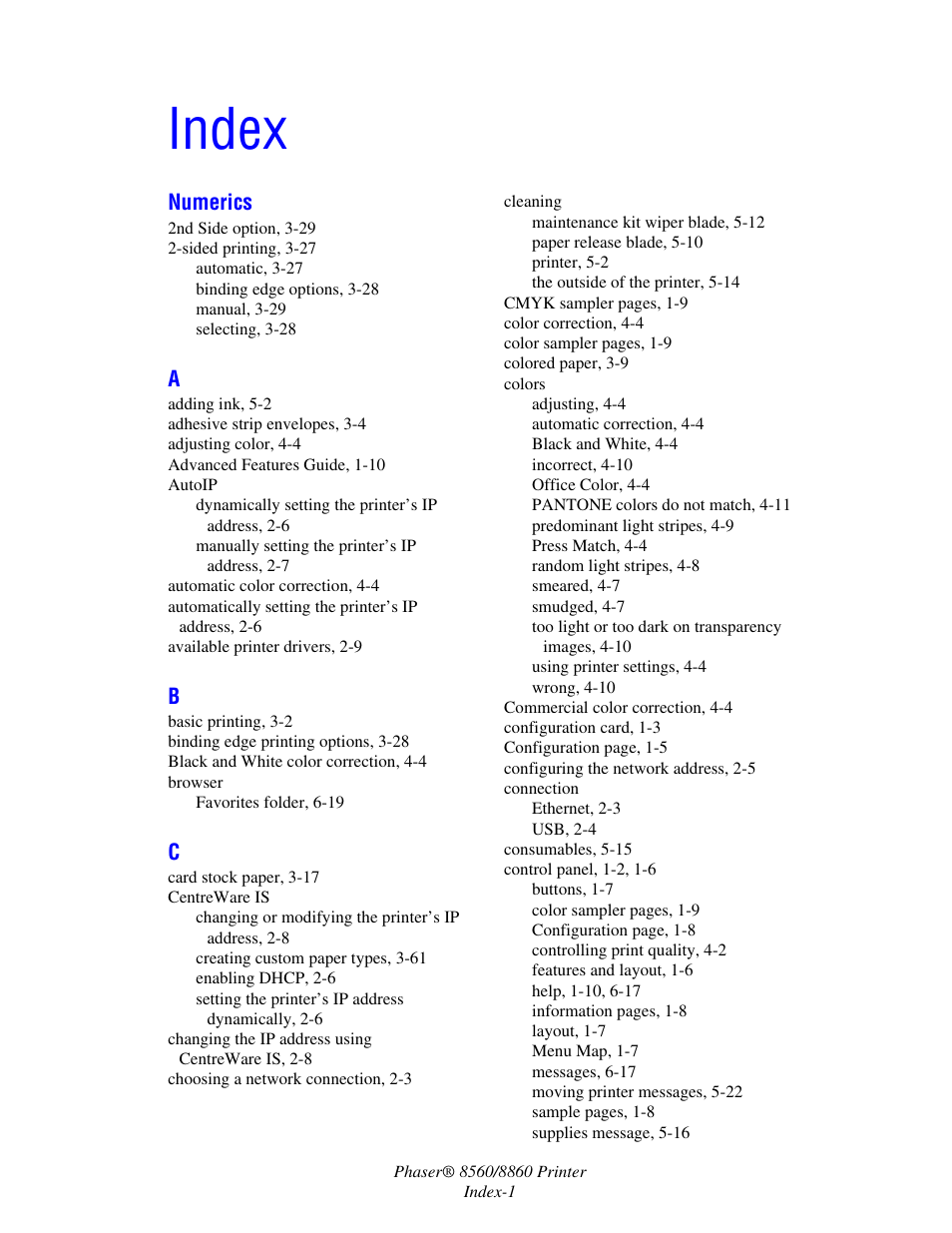 Index | Xerox 8560 User Manual | Page 160 / 167