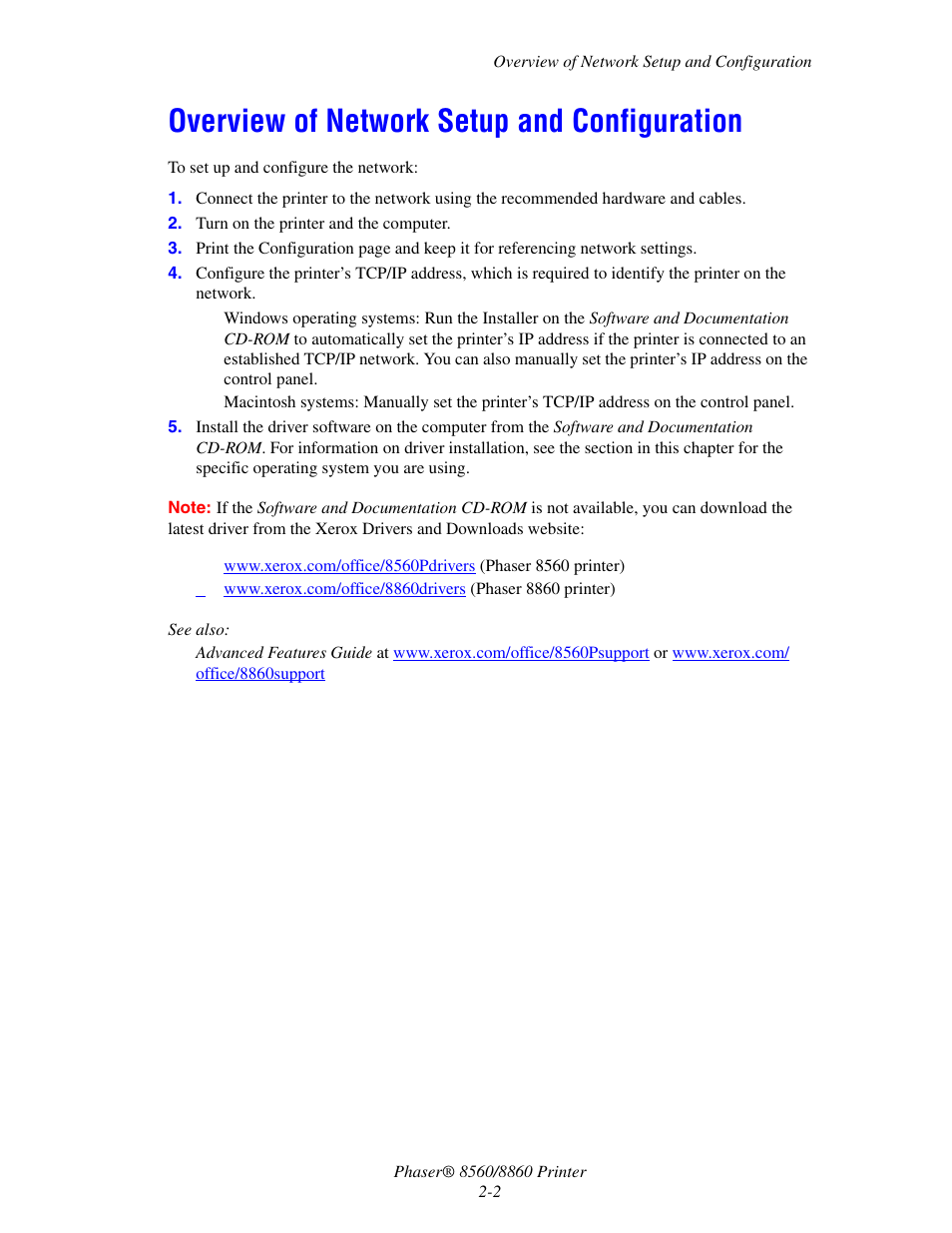 Overview of network setup and configuration, Overview of network setup and configuration -2 | Xerox 8560 User Manual | Page 19 / 167