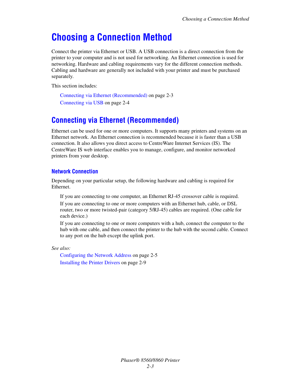 Choosing a connection method, Connecting via ethernet (recommended), Choosing a connection method -3 | Connecting via ethernet (recommended) -3 | Xerox 8560 User Manual | Page 20 / 167