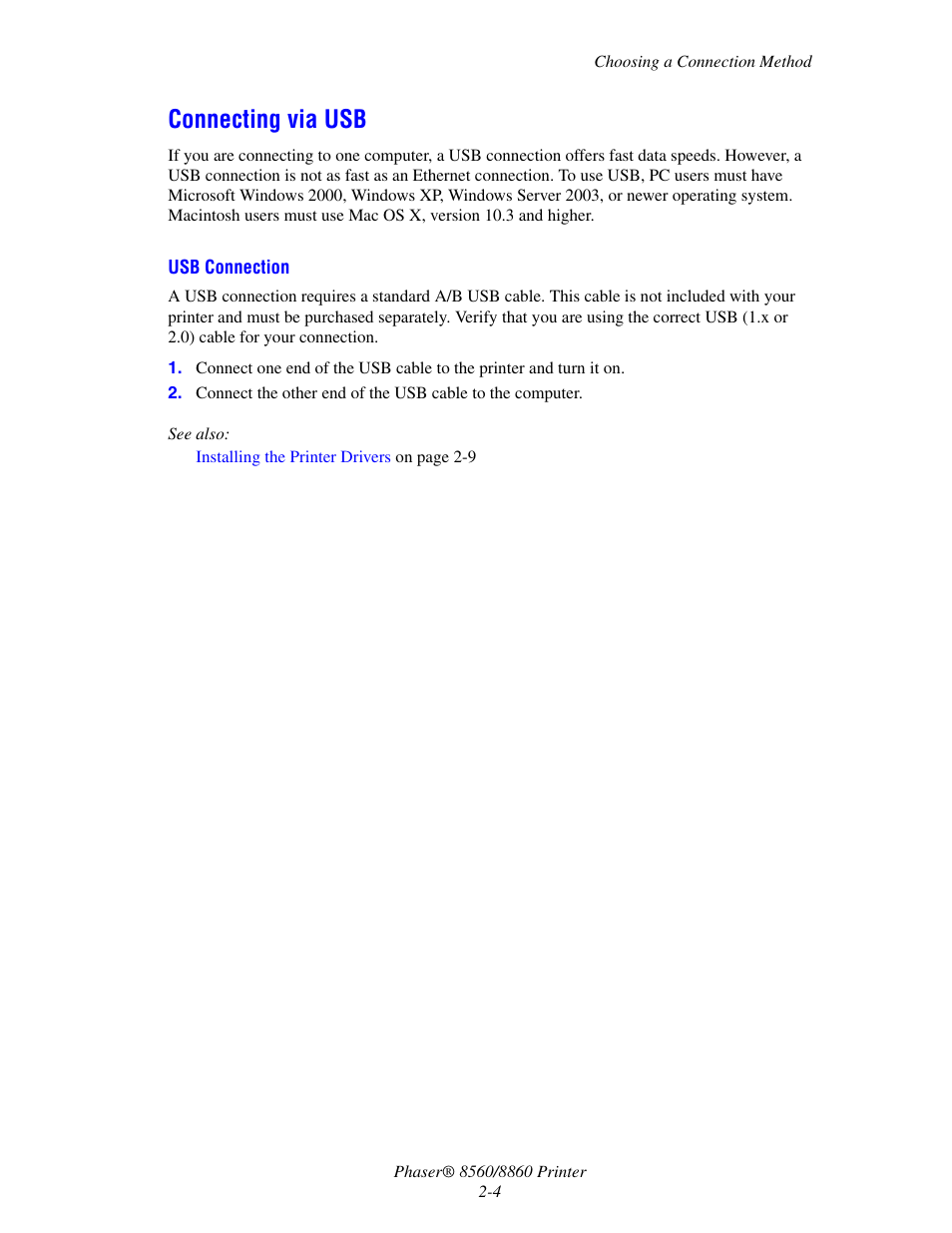 Connecting via usb, Connecting via usb -4 | Xerox 8560 User Manual | Page 21 / 167