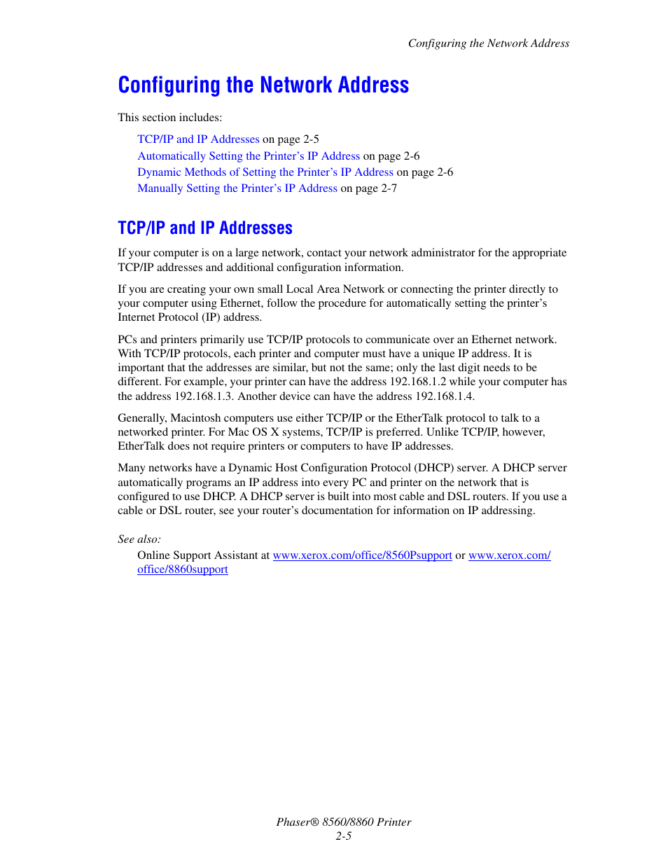 Configuring the network address, Tcp/ip and ip addresses, Configuring the network address -5 | Tcp/ip and ip addresses -5 | Xerox 8560 User Manual | Page 22 / 167