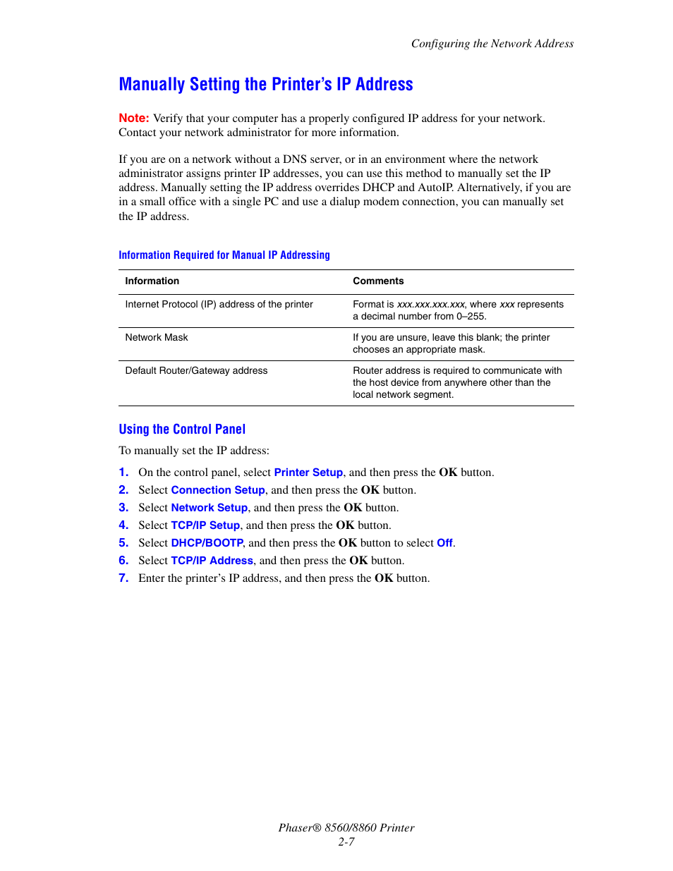 Manually setting the printer’s ip address, Manually setting the printer’s ip address -7 | Xerox 8560 User Manual | Page 24 / 167
