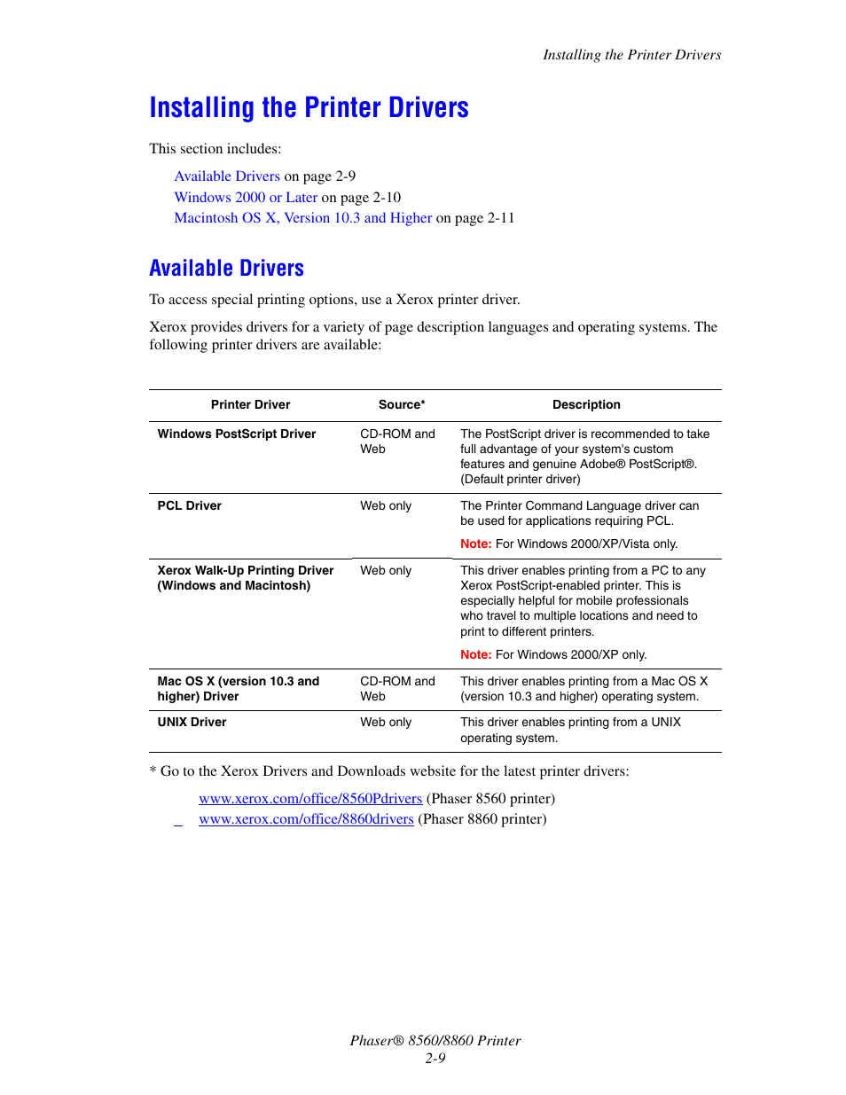 Installing the printer drivers, Available drivers, Installing the printer drivers -9 | Available drivers -9 | Xerox 8560 User Manual | Page 26 / 167