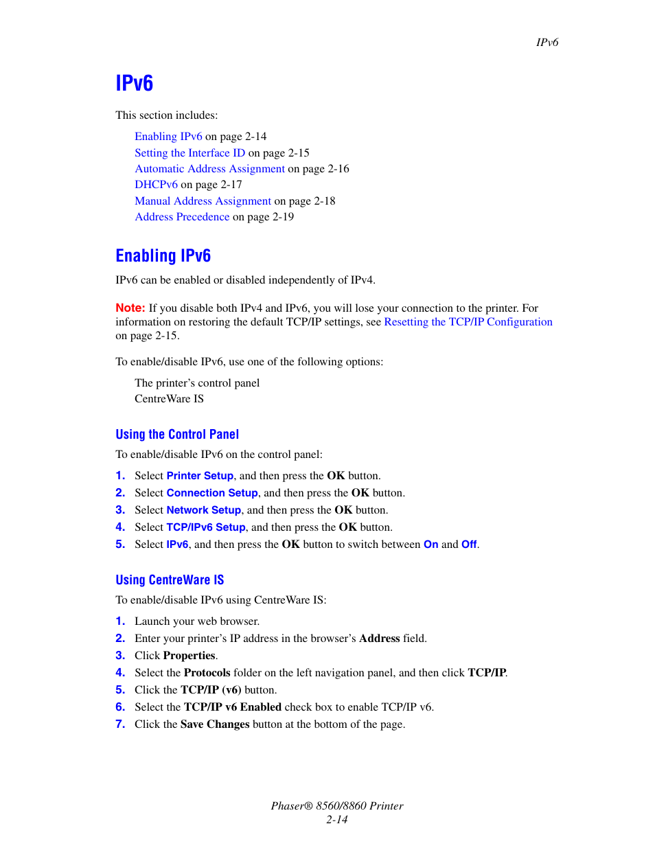 Ipv6, Enabling ipv6, Ipv6 -14 | Enabling ipv6 -14 | Xerox 8560 User Manual | Page 31 / 167