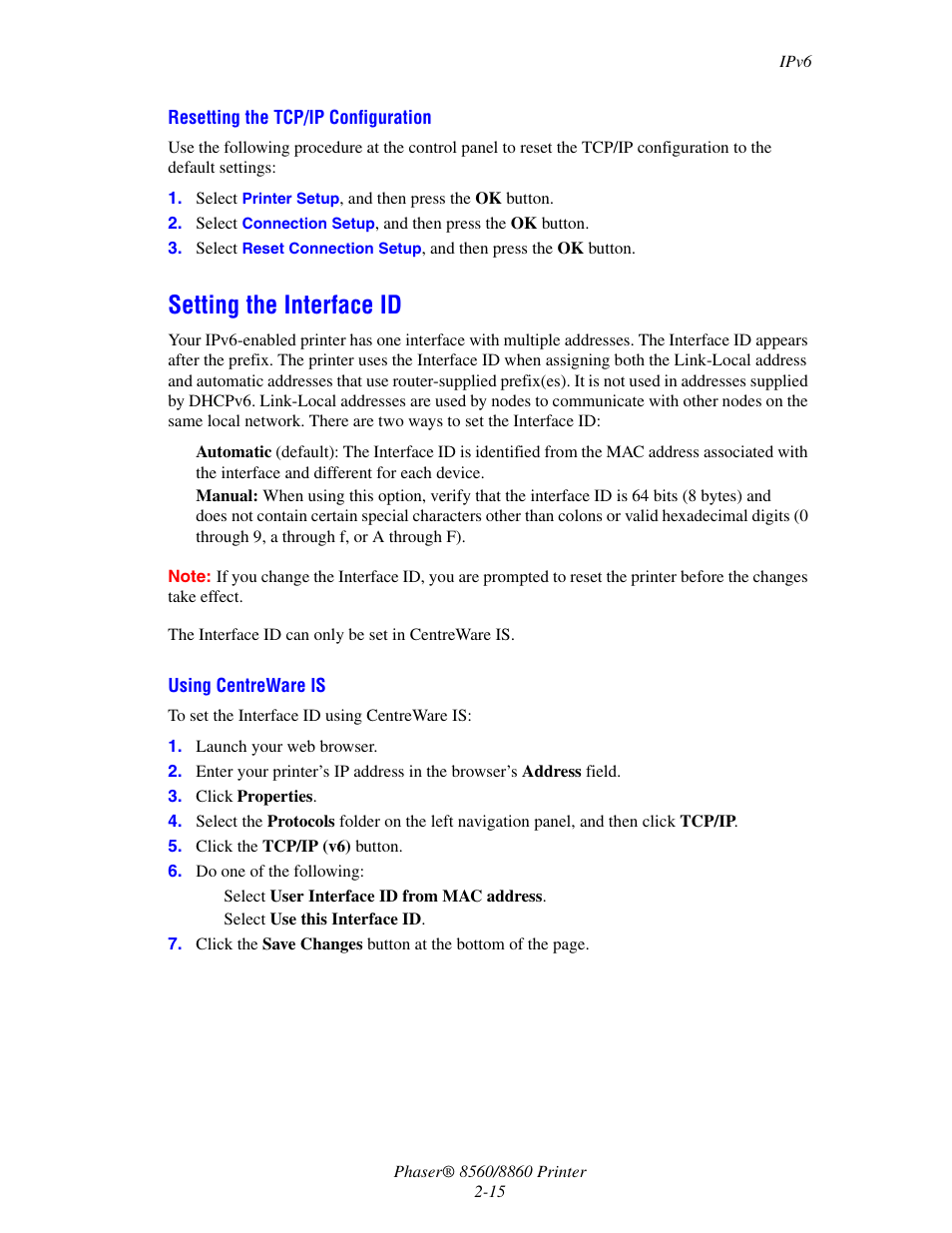 Setting the interface id, Setting the interface id -15, Resetting the tcp/ip configuration | Xerox 8560 User Manual | Page 32 / 167