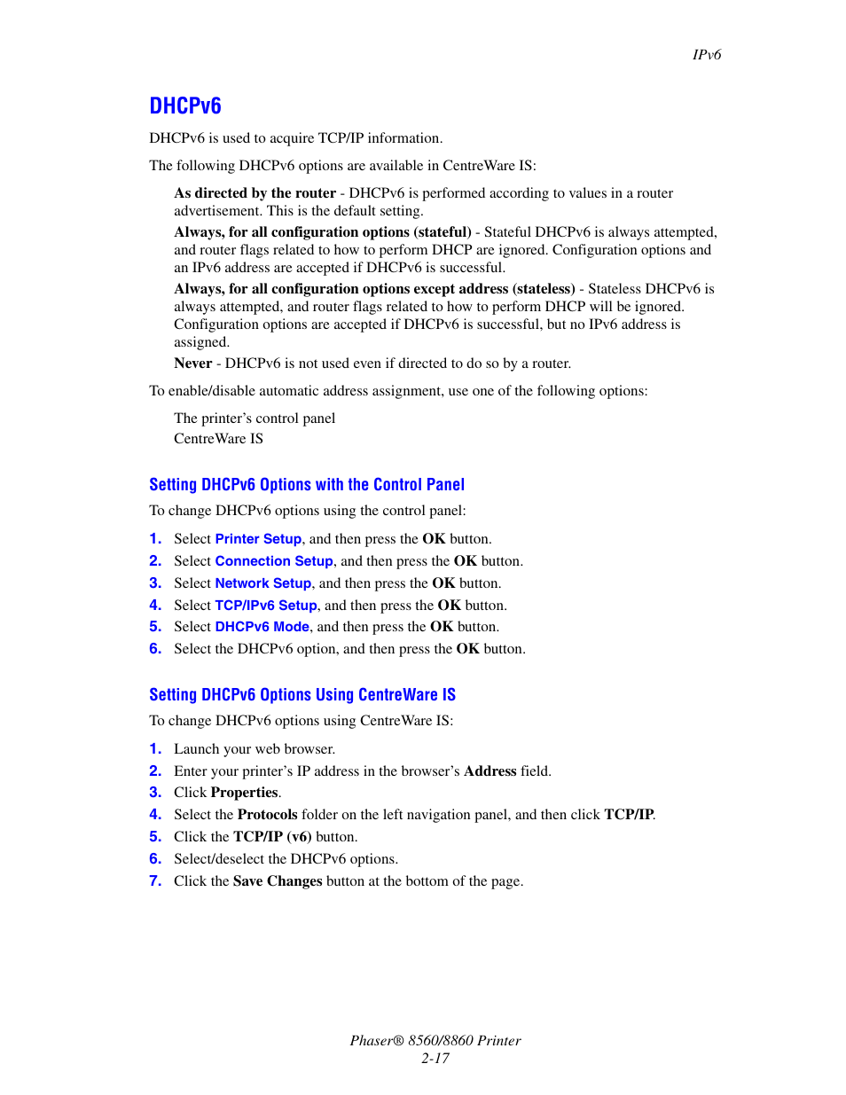 Dhcpv6, Dhcpv6 -17 | Xerox 8560 User Manual | Page 34 / 167