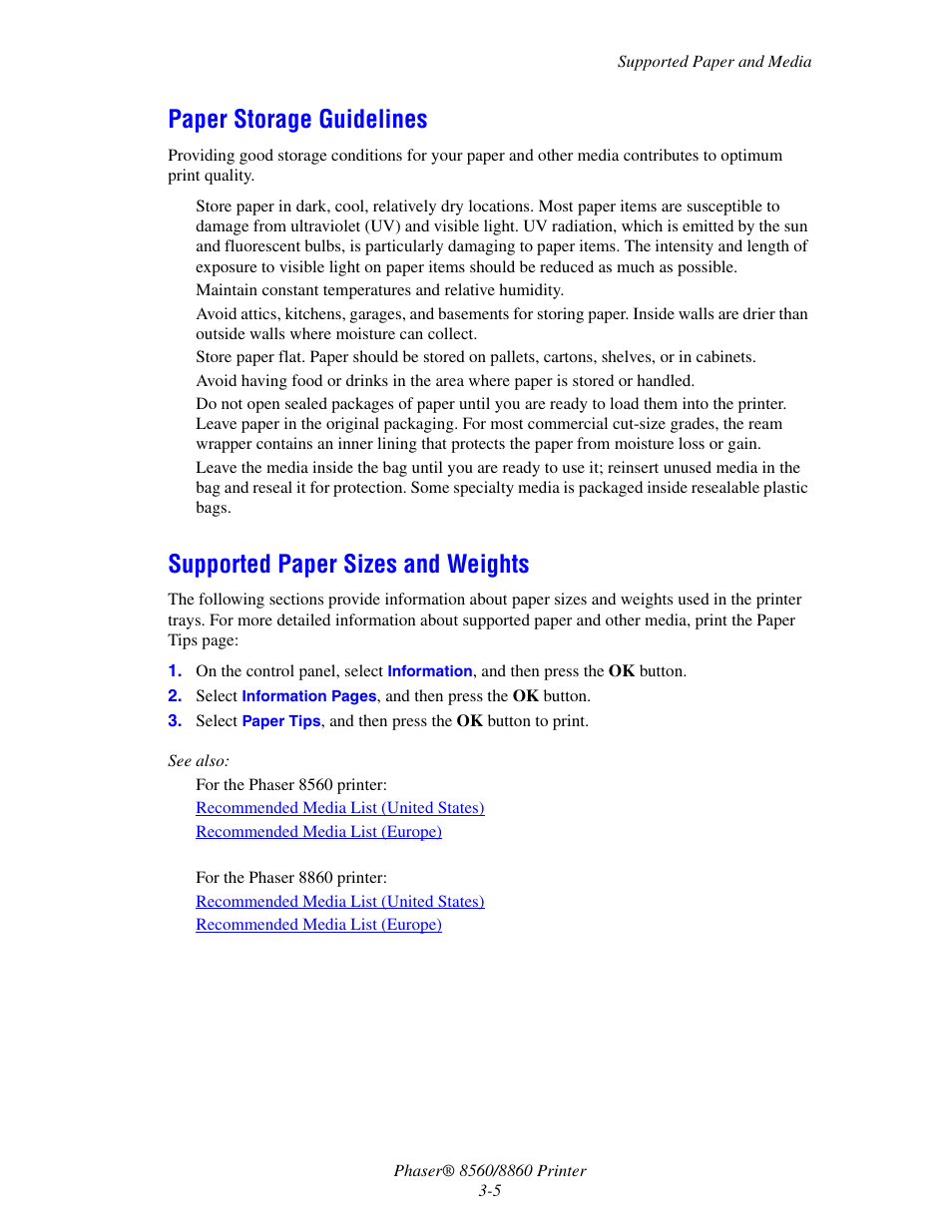 Paper storage guidelines, Supported paper sizes and weights | Xerox 8560 User Manual | Page 41 / 167