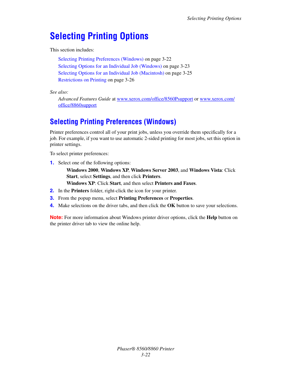 Selecting printing options, Selecting printing preferences (windows), Selecting printing options -22 | Selecting printing preferences (windows) -22 | Xerox 8560 User Manual | Page 58 / 167