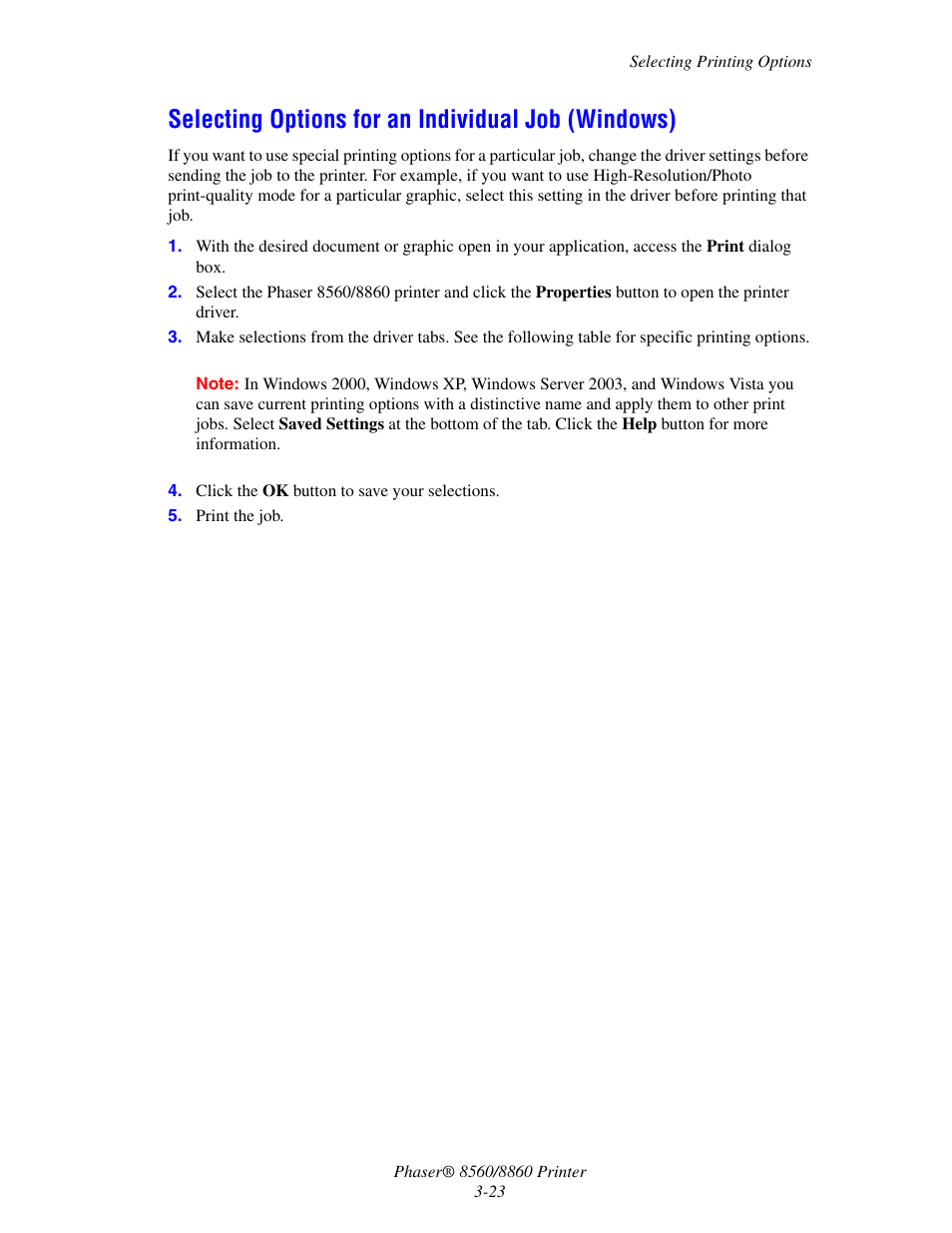 Selecting options for an individual job (windows) | Xerox 8560 User Manual | Page 59 / 167