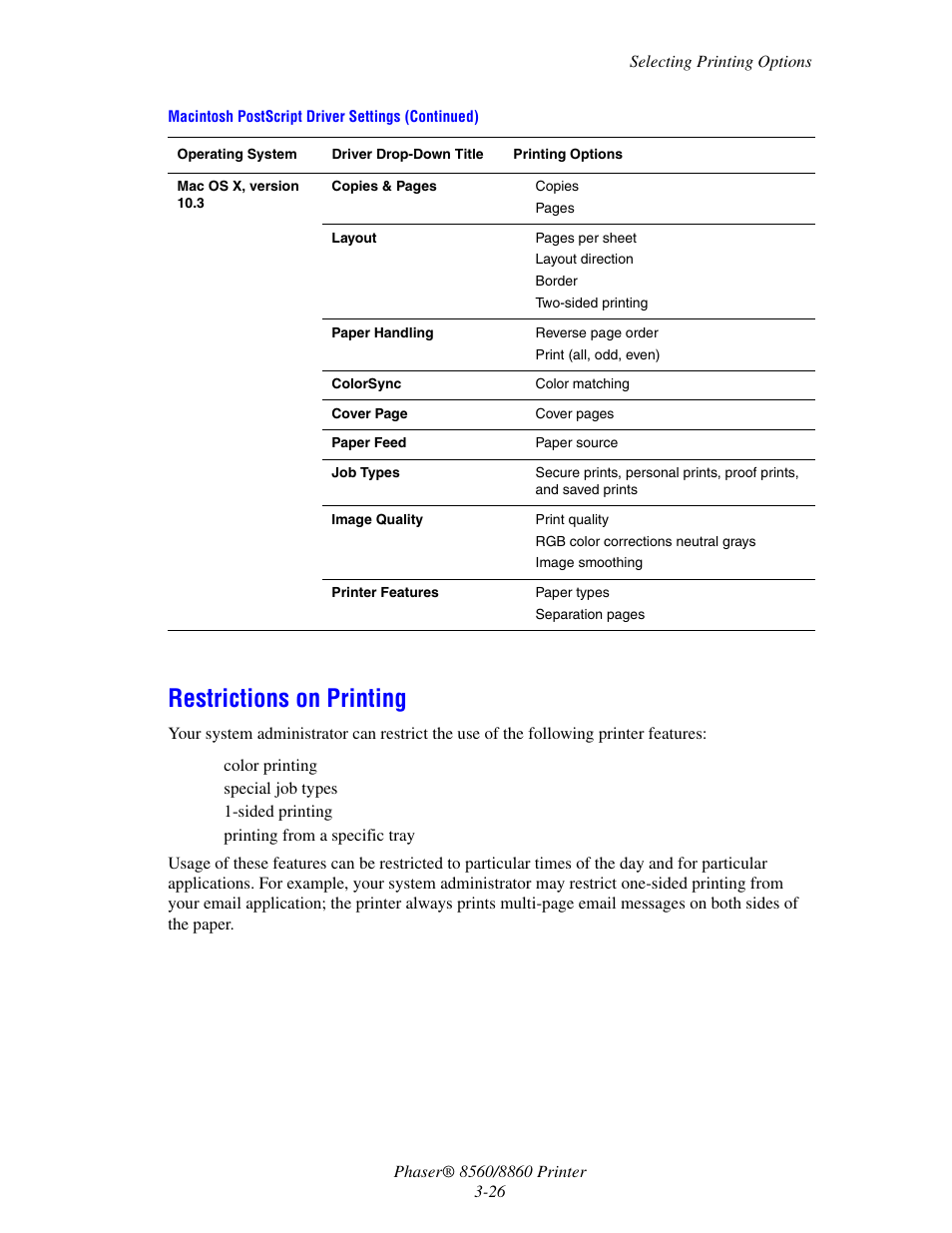 Restrictions on printing, Restrictions on printing -26, Color printing | Special job types, Sided printing | Xerox 8560 User Manual | Page 62 / 167