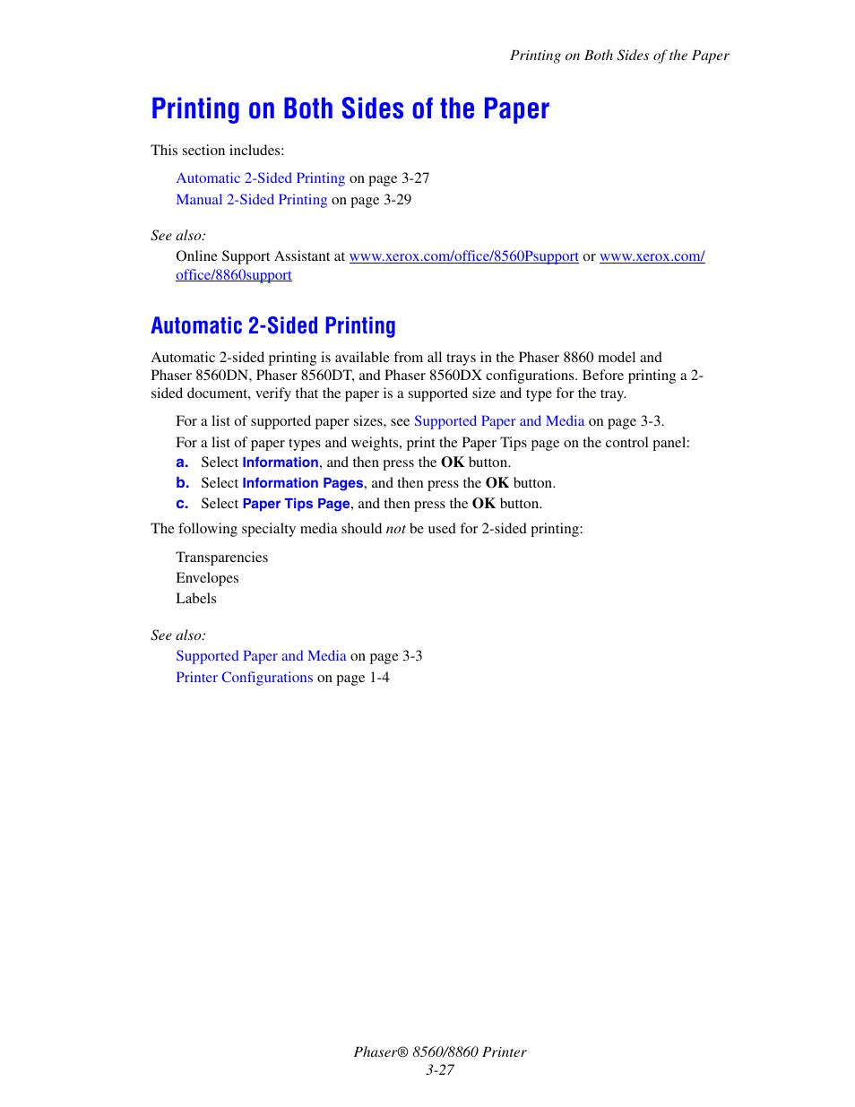 Printing on both sides of the paper, Automatic 2-sided printing, Printing on both sides of the paper -27 | Automatic 2-sided printing -27 | Xerox 8560 User Manual | Page 63 / 167