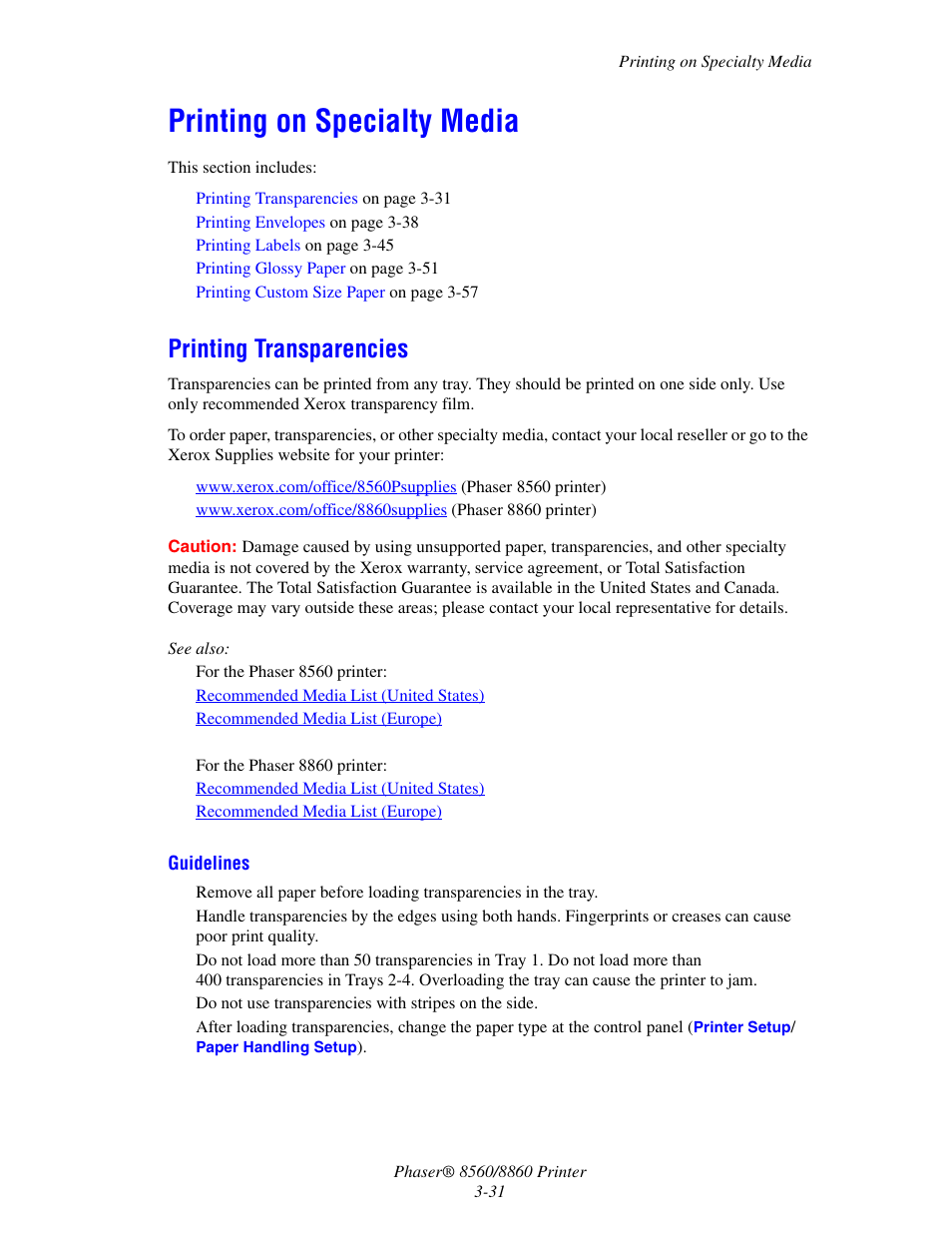 Printing on specialty media, Printing transparencies, Printing on specialty media -31 | Printing transparencies -31 | Xerox 8560 User Manual | Page 67 / 167