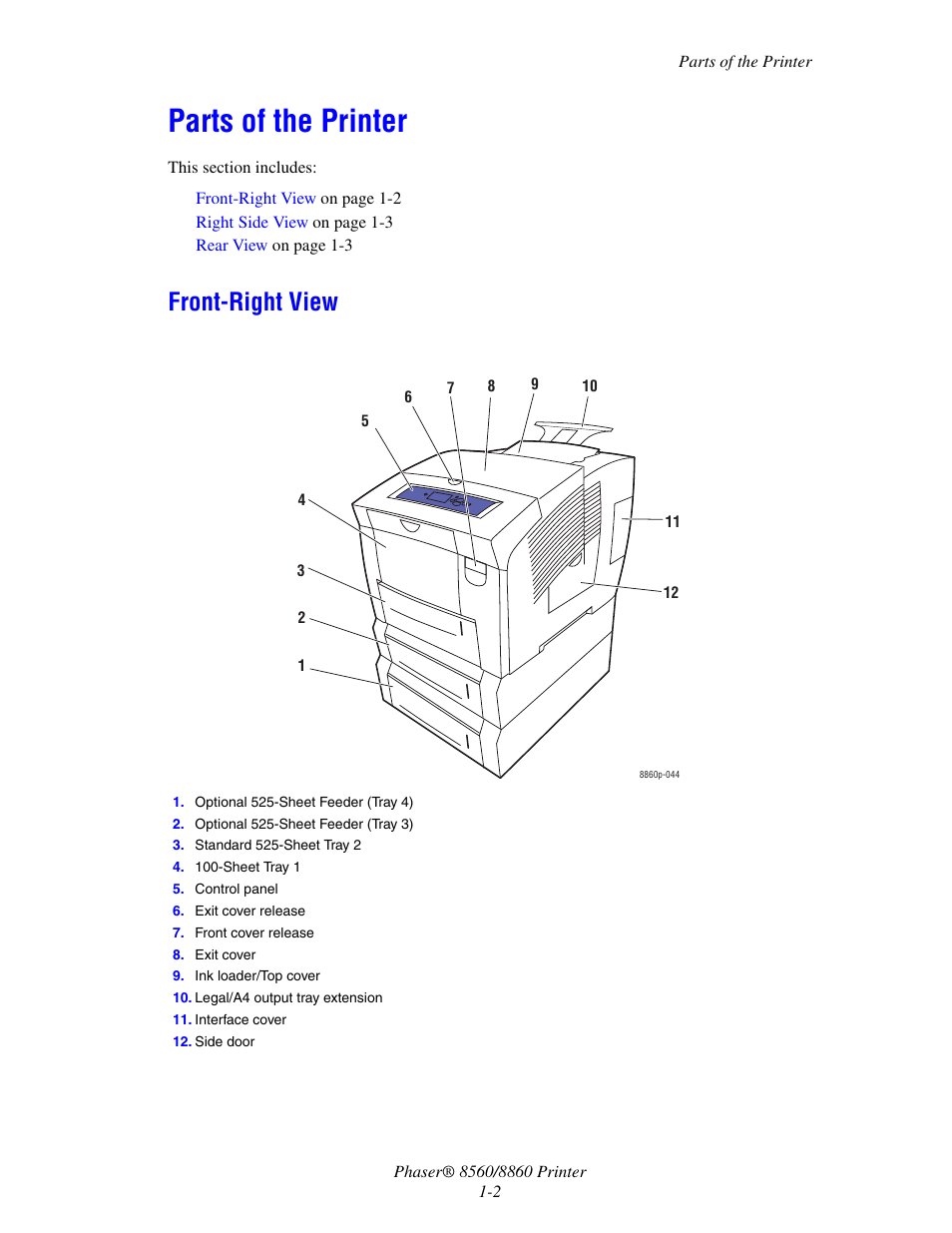 Parts of the printer, Front-right view, Parts of the printer -2 | Front-right view -2 | Xerox 8560 User Manual | Page 7 / 167