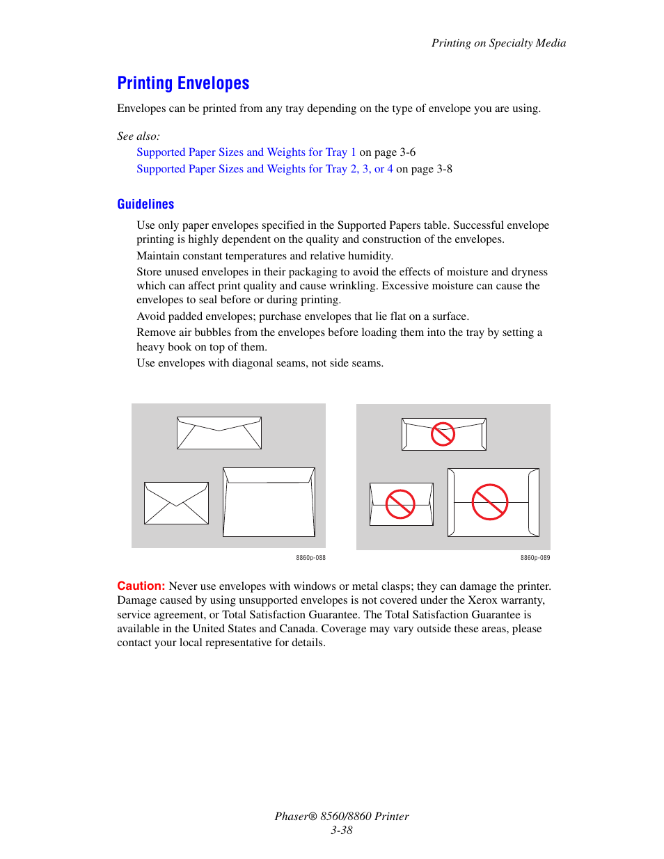 Printing envelopes, Printing envelopes -38 | Xerox 8560 User Manual | Page 74 / 167