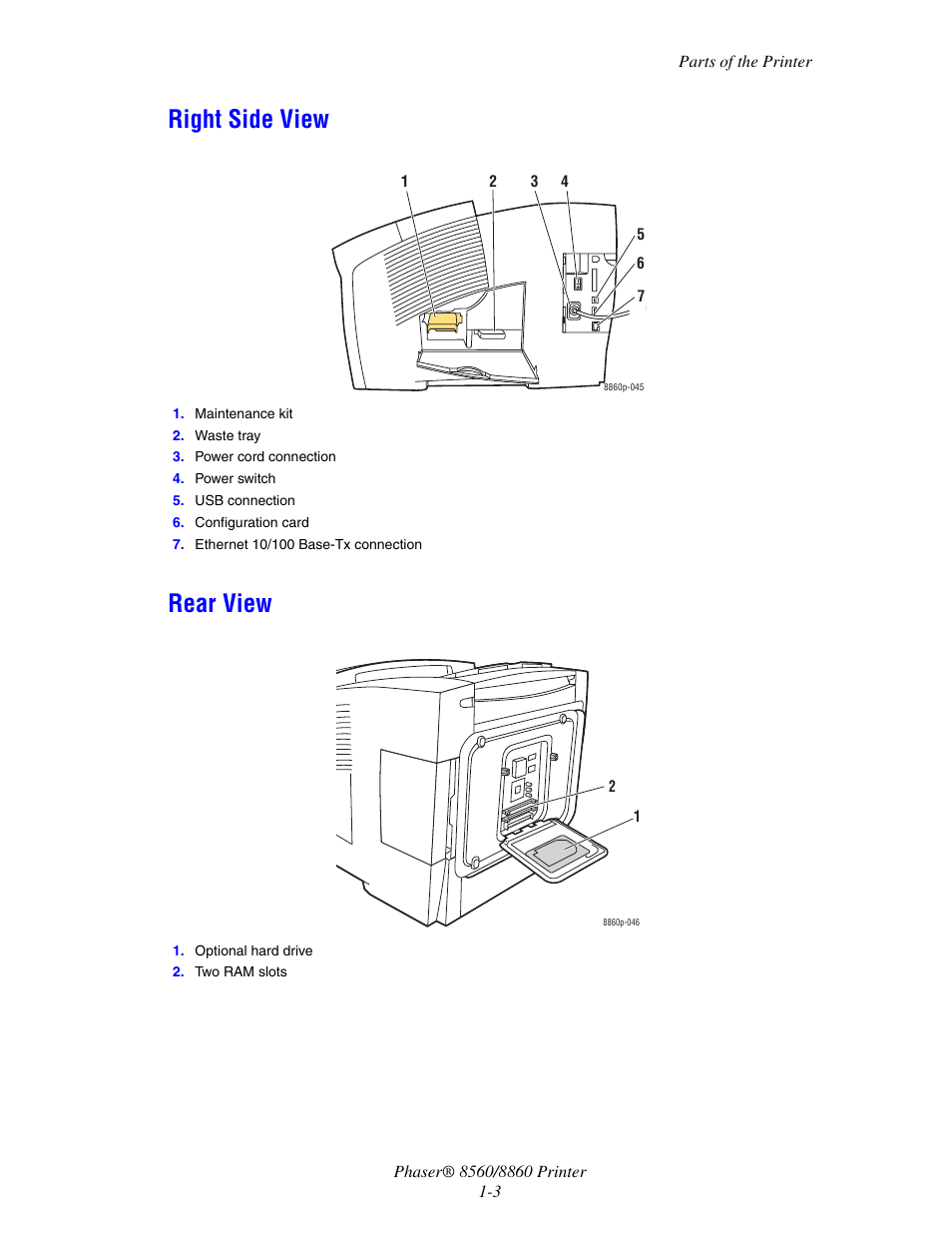 Right side view, Rear view, Right side view -3 rear view -3 | Right side view rear view | Xerox 8560 User Manual | Page 8 / 167