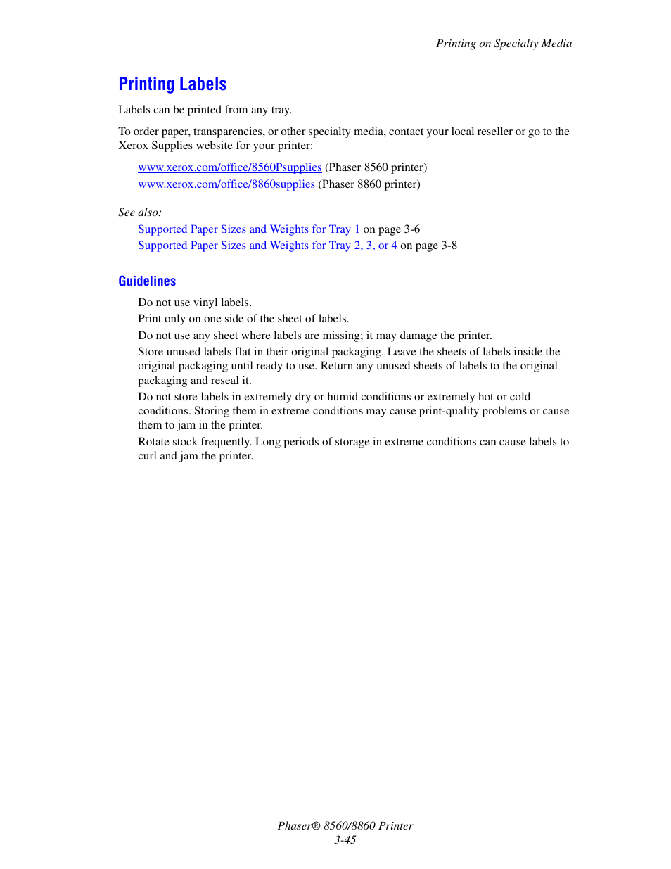 Printing labels, Printing labels -45 | Xerox 8560 User Manual | Page 81 / 167