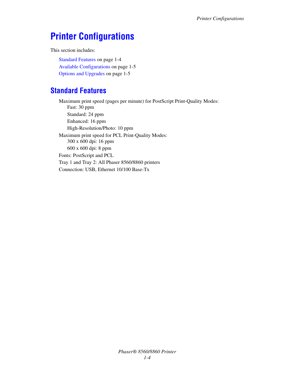 Printer configurations, Standard features, Printer configurations -4 | Standard features -4 | Xerox 8560 User Manual | Page 9 / 167