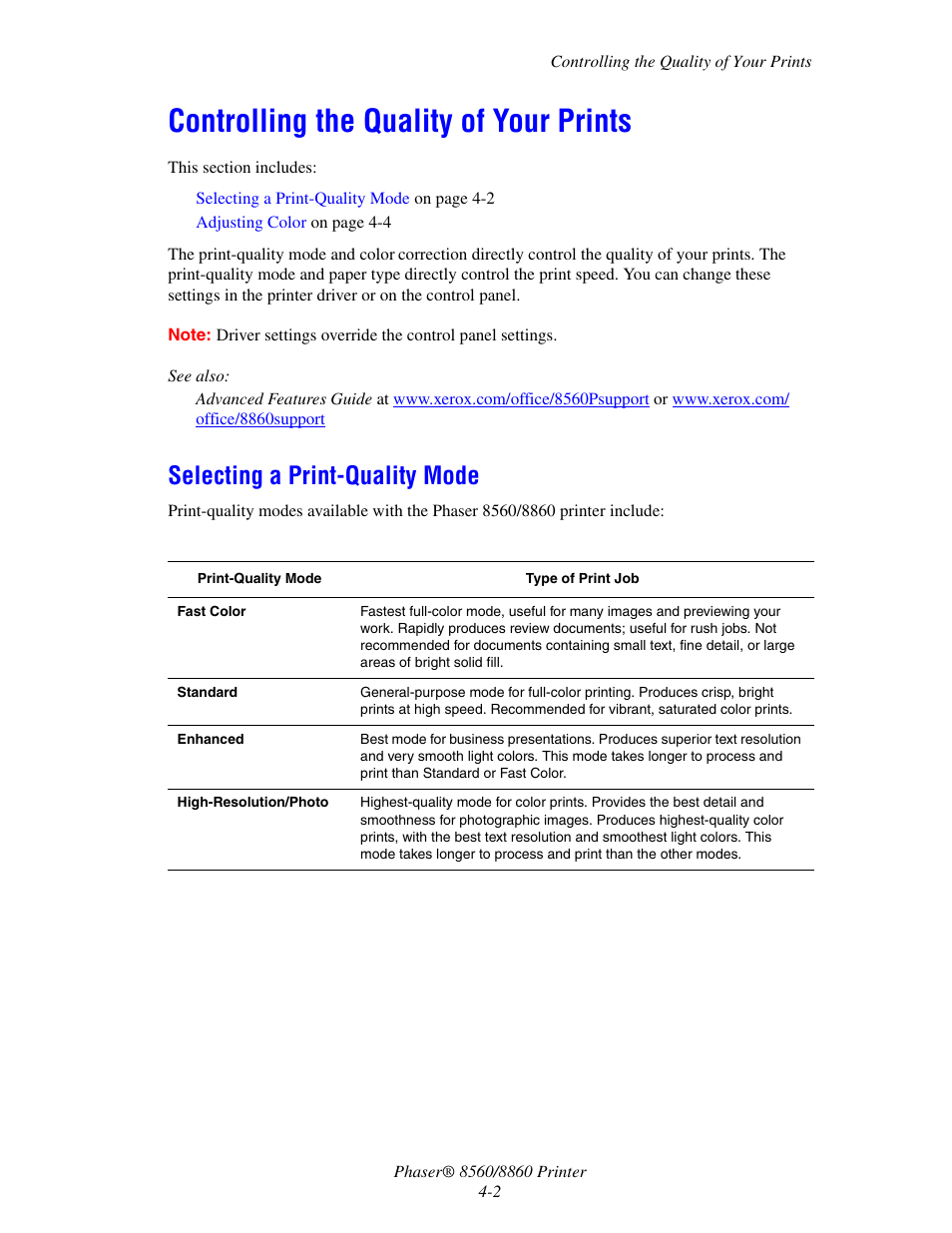 Controlling the quality of your prints, Selecting a print-quality mode, Controlling the quality of your prints -2 | Selecting a print-quality mode -2 | Xerox 8560 User Manual | Page 99 / 167