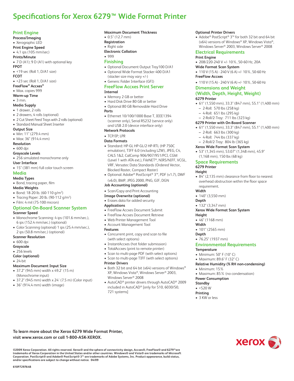 Speciﬁ cations for xerox 6279™ wide format printer | Xerox 6279 User Manual | Page 4 / 4