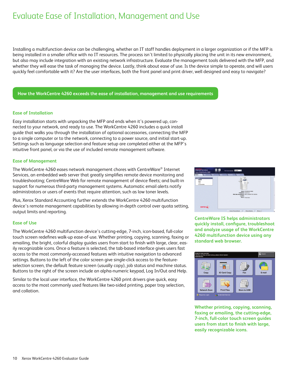 Evaluate ease of installation, management and use | Xerox WORKCENTRE 4260 User Manual | Page 10 / 16