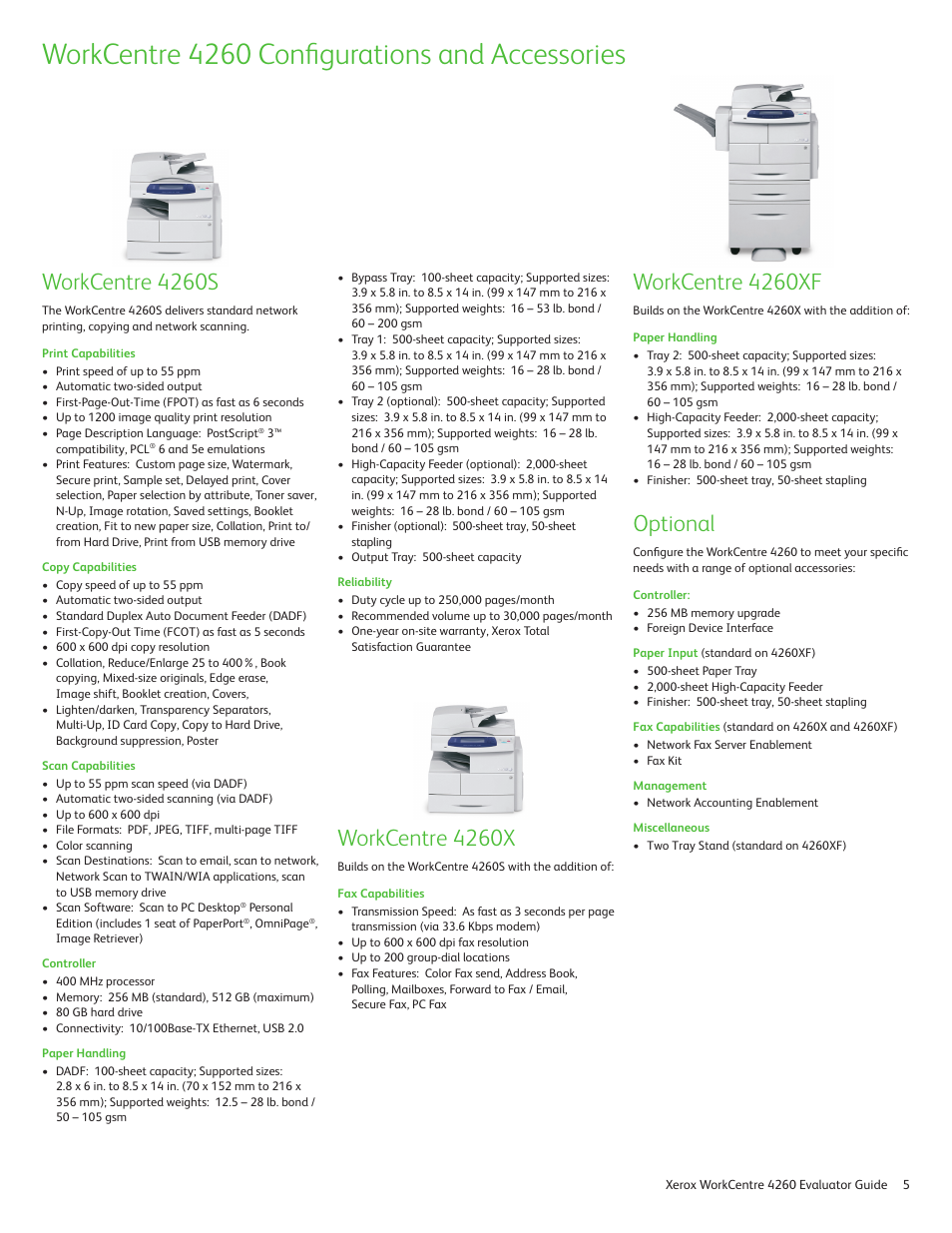 Workcentre 4260 configurations and accessories, Workcentre 4260s, Workcentre 4260x | Workcentre 4260xf, Optional | Xerox WORKCENTRE 4260 User Manual | Page 5 / 16