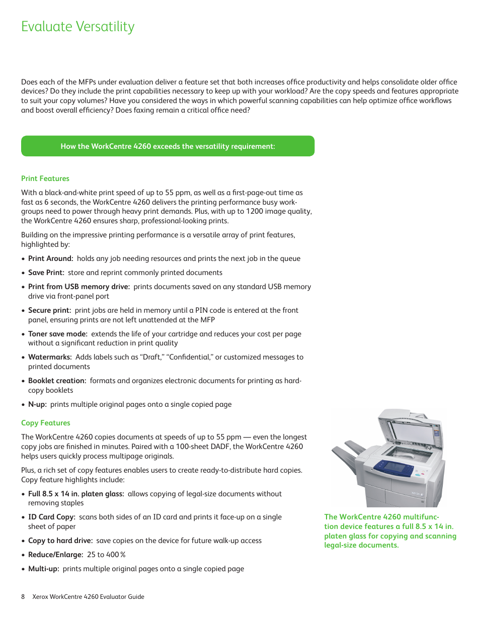 Evaluate versatility | Xerox WORKCENTRE 4260 User Manual | Page 8 / 16