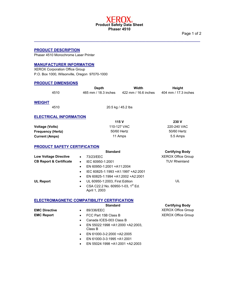 Xerox 4510 User Manual | 2 pages