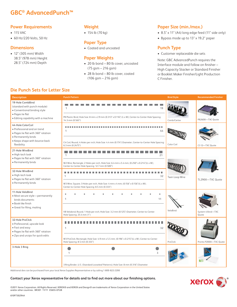 Advancedpunch, Power requirements, Dimensions | Weight, Paper type, Paper weights, Paper size (min./max.), Punch type, Die punch sets for letter size | Xerox SquareFold 4112TM User Manual | Page 2 / 2