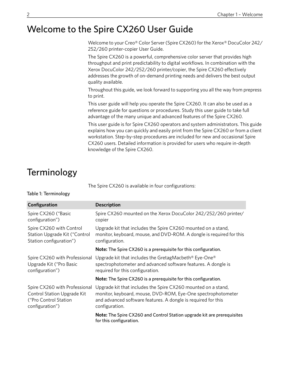 Welcome to the spire cx260 user guide, Terminology | Xerox 242 User Manual | Page 10 / 262