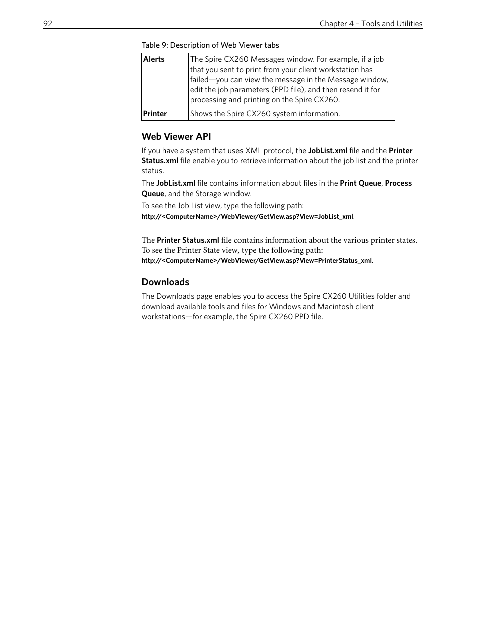 Web viewer api, Downloads | Xerox 242 User Manual | Page 100 / 262