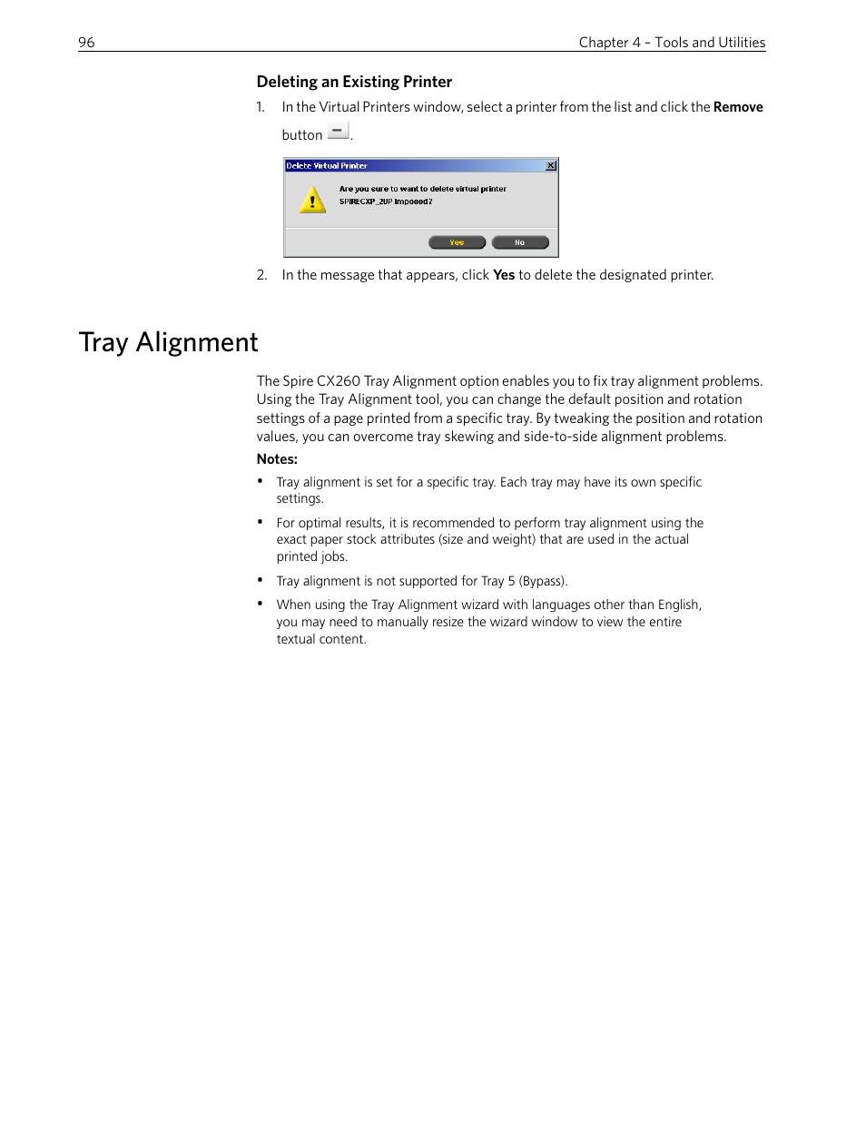 Deleting an existing printer, Tray alignment | Xerox 242 User Manual | Page 104 / 262