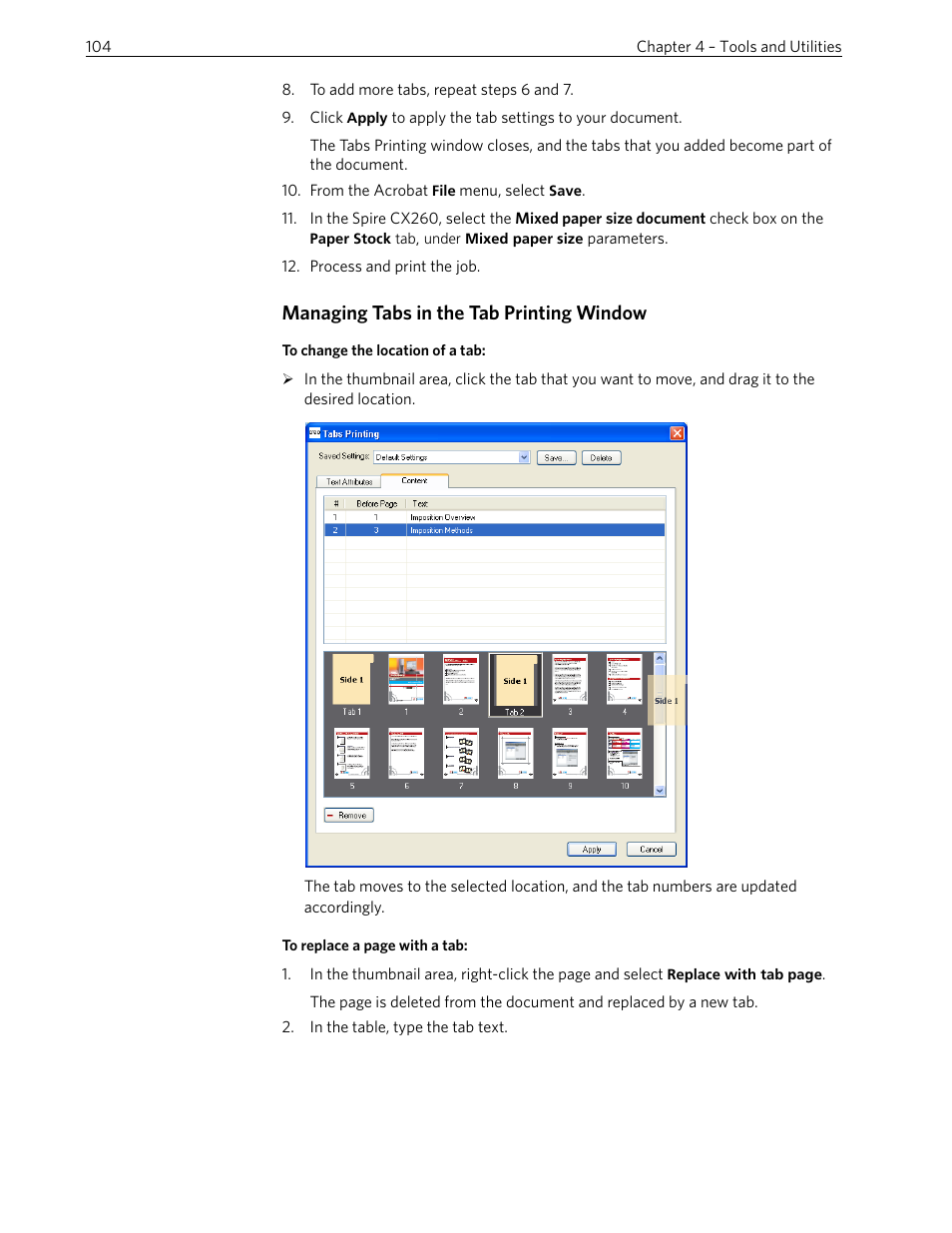 Managing tabs in the tab printing window | Xerox 242 User Manual | Page 112 / 262