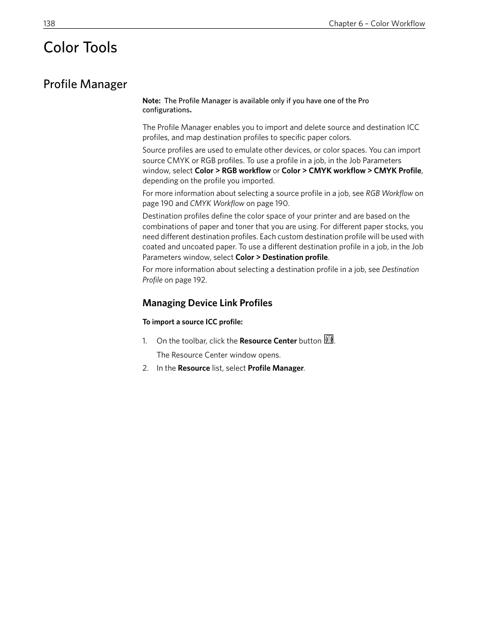 Color tools, Profile manager, Managing device link profiles | Xerox 242 User Manual | Page 146 / 262