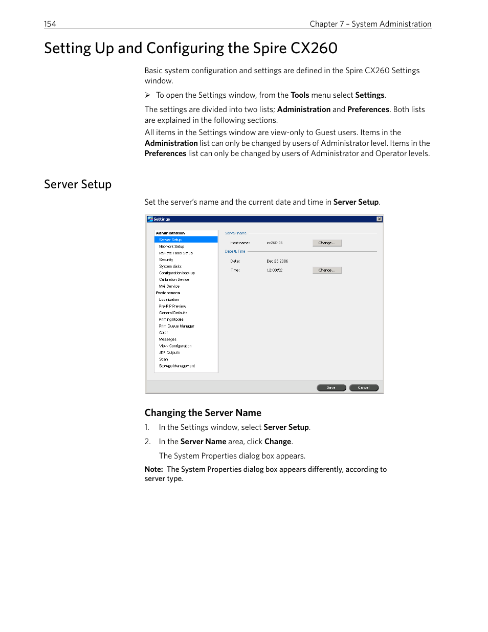 Setting up and configuring the spire cx260, Server setup, Changing the server name | Xerox 242 User Manual | Page 162 / 262