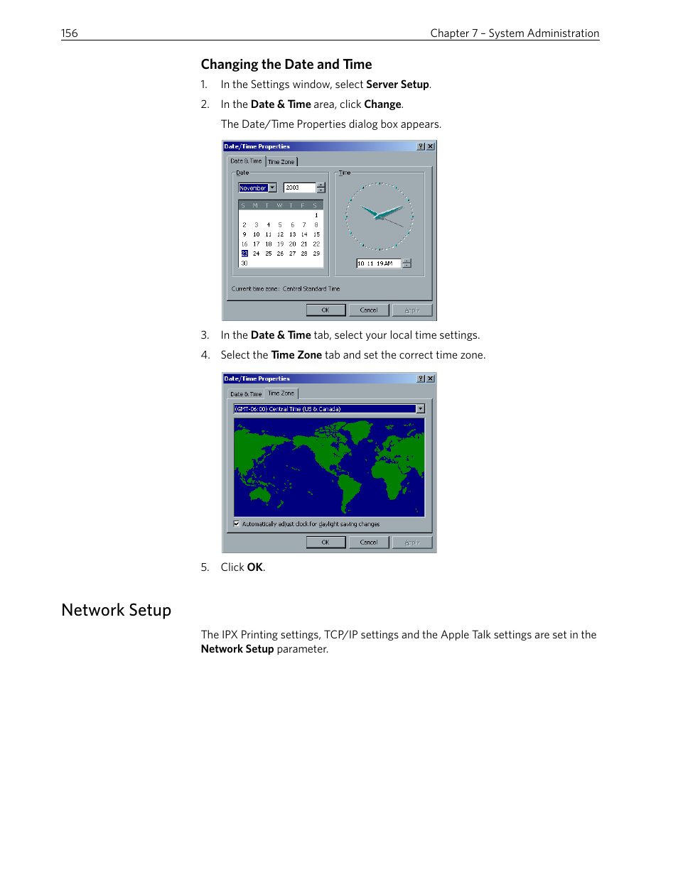 Changing the date and time, Network setup | Xerox 242 User Manual | Page 164 / 262