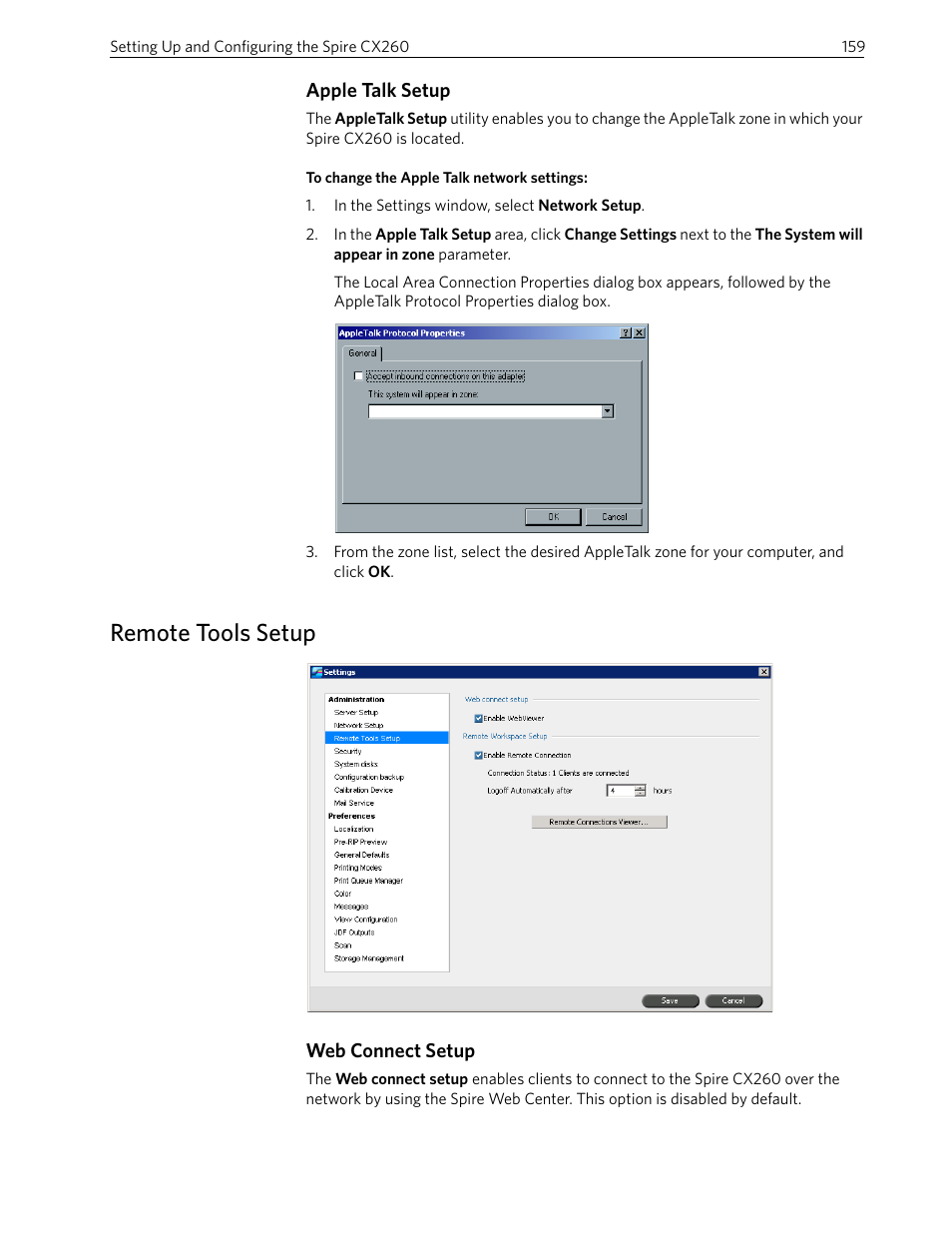 Apple talk setup, Remote tools setup, Web connect setup | Xerox 242 User Manual | Page 167 / 262