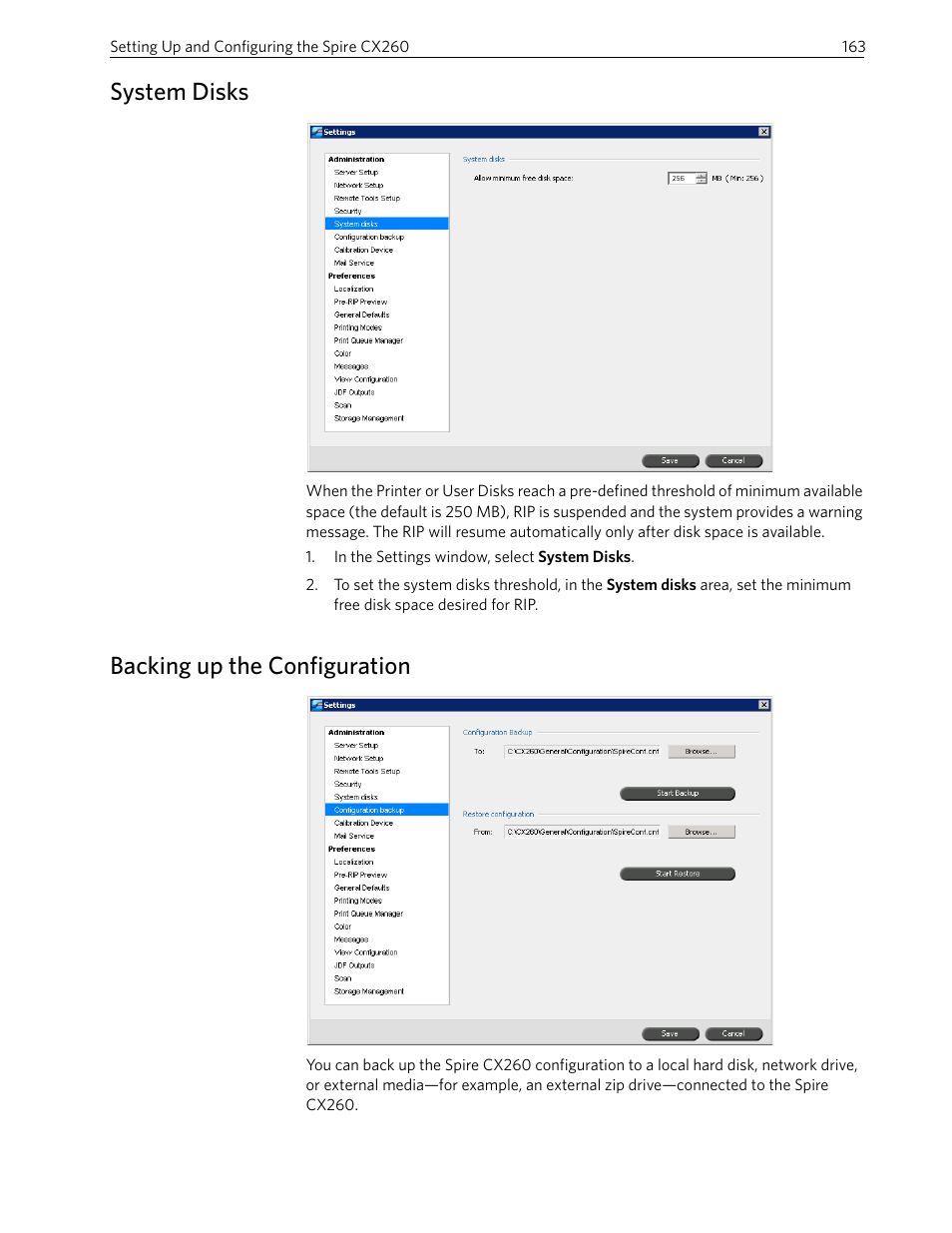 System disks, Backing up the configuration, System disks backing up the configuration | Xerox 242 User Manual | Page 171 / 262