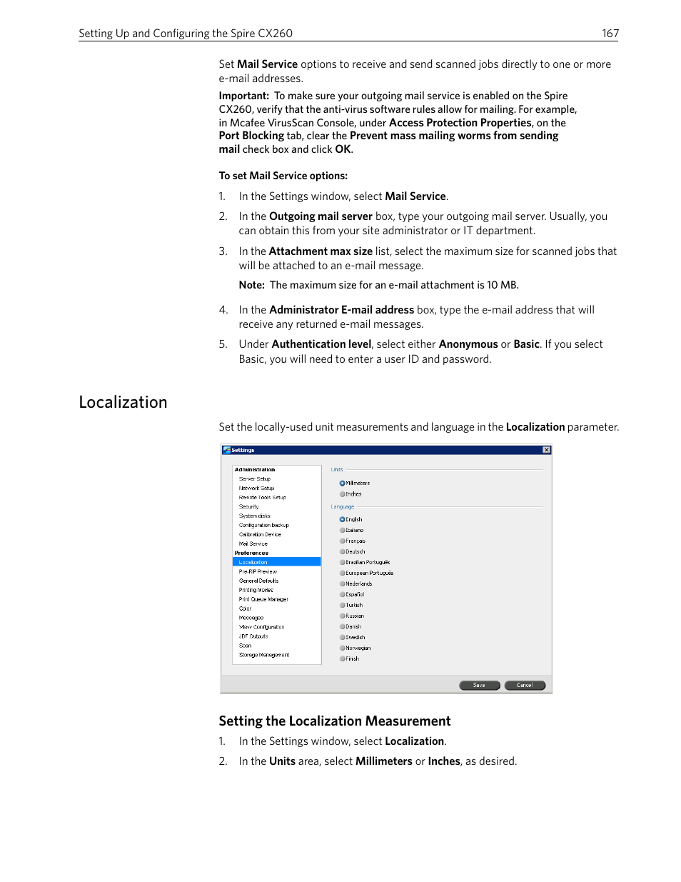 Localization, Setting the localization measurement | Xerox 242 User Manual | Page 175 / 262