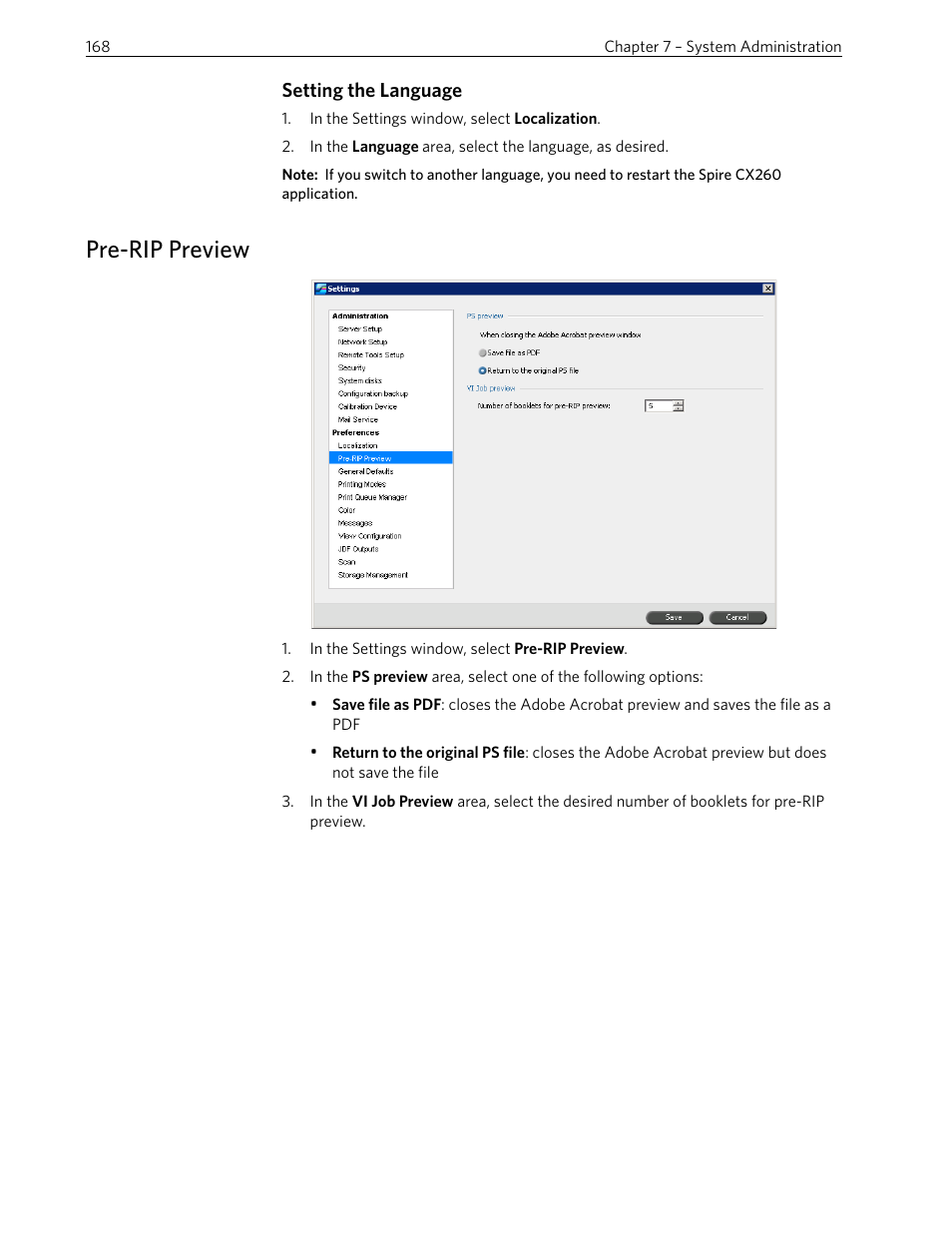 Setting the language, Pre-rip preview | Xerox 242 User Manual | Page 176 / 262