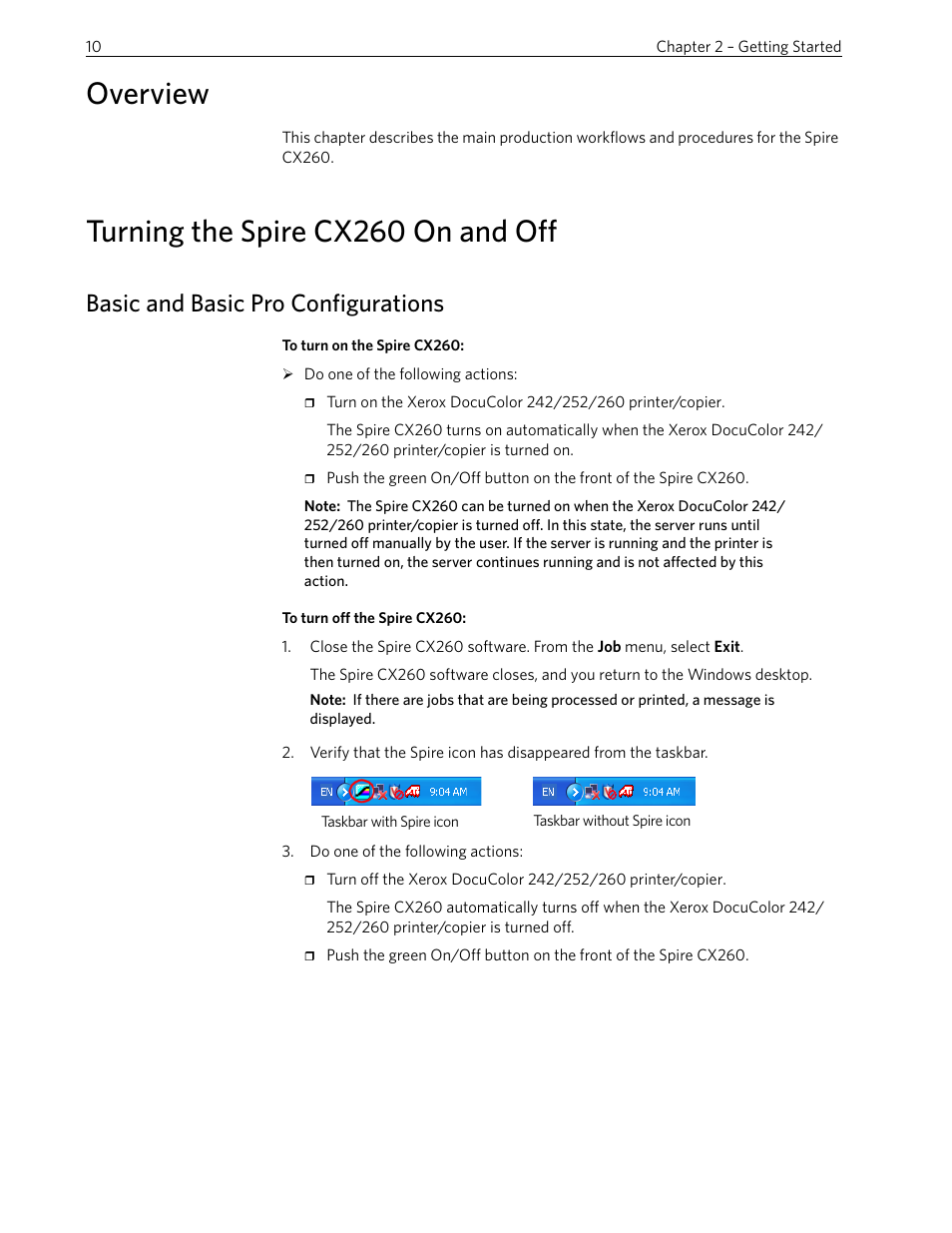 Overview, Turning the spire cx260 on and off, Basic and basic pro configurations | Overview turning the spire cx260 on and off | Xerox 242 User Manual | Page 18 / 262