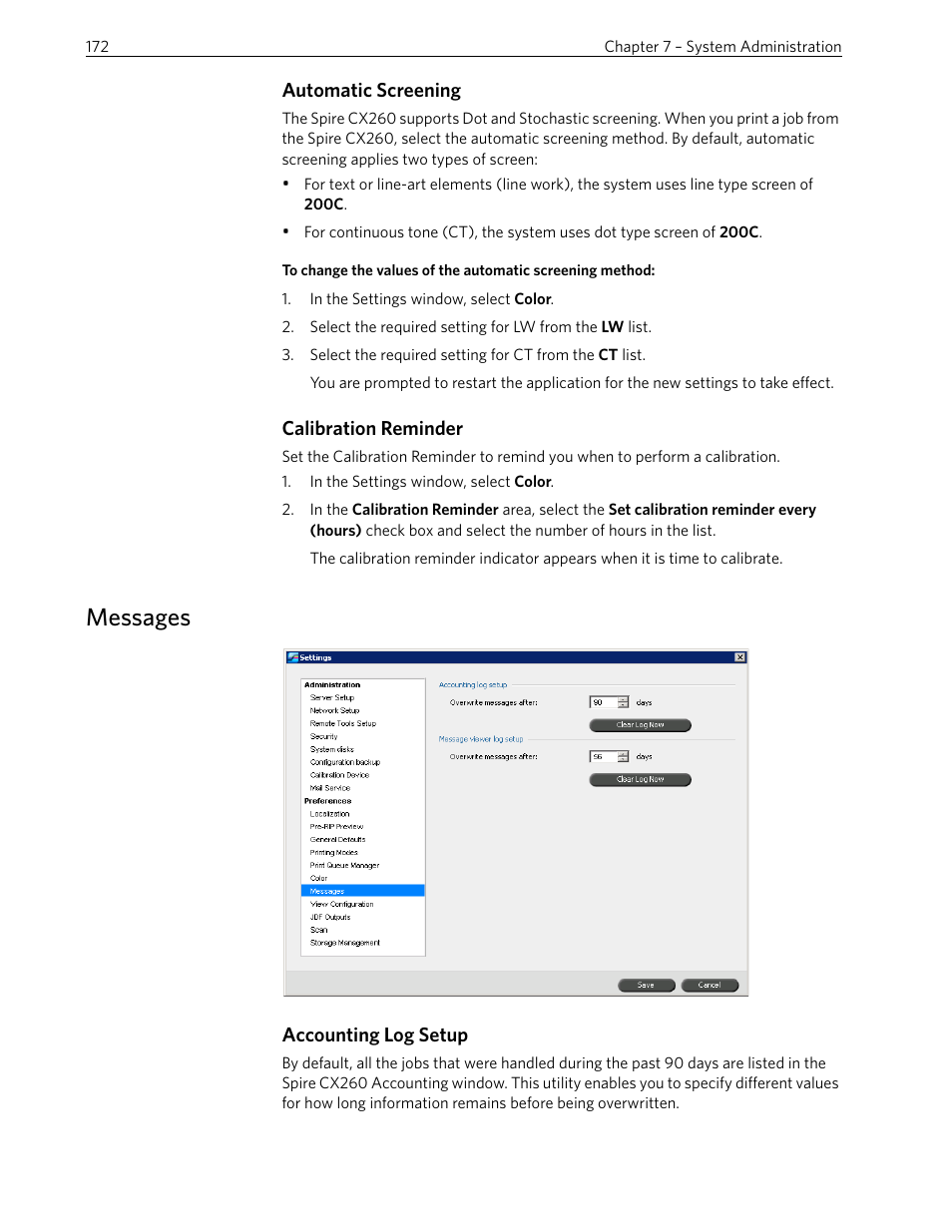 Automatic screening, Calibration reminder, Messages | Accounting log setup | Xerox 242 User Manual | Page 180 / 262